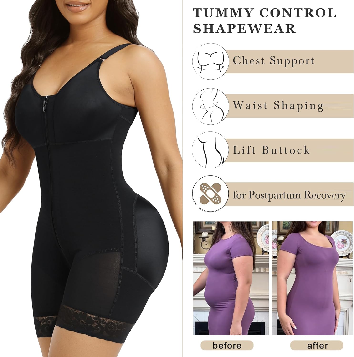 Detalle de YIANNA Colombian Postpartum Tummy Control Shapewear Body Shaper with Zipper Crotch