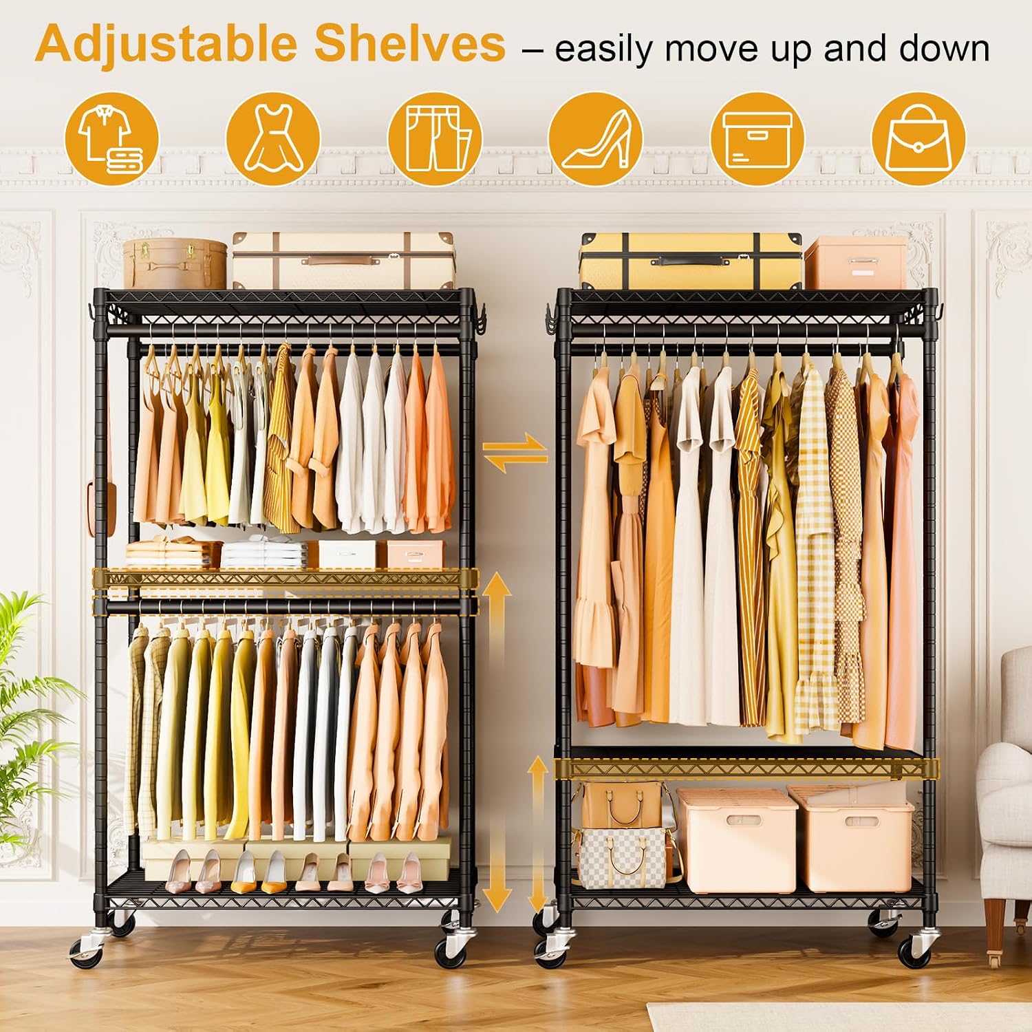 Detalle de ULIFHOME P5 Rolling Clothes Rack, 3 Adjustable Shelves, 4 Hanging Rods
