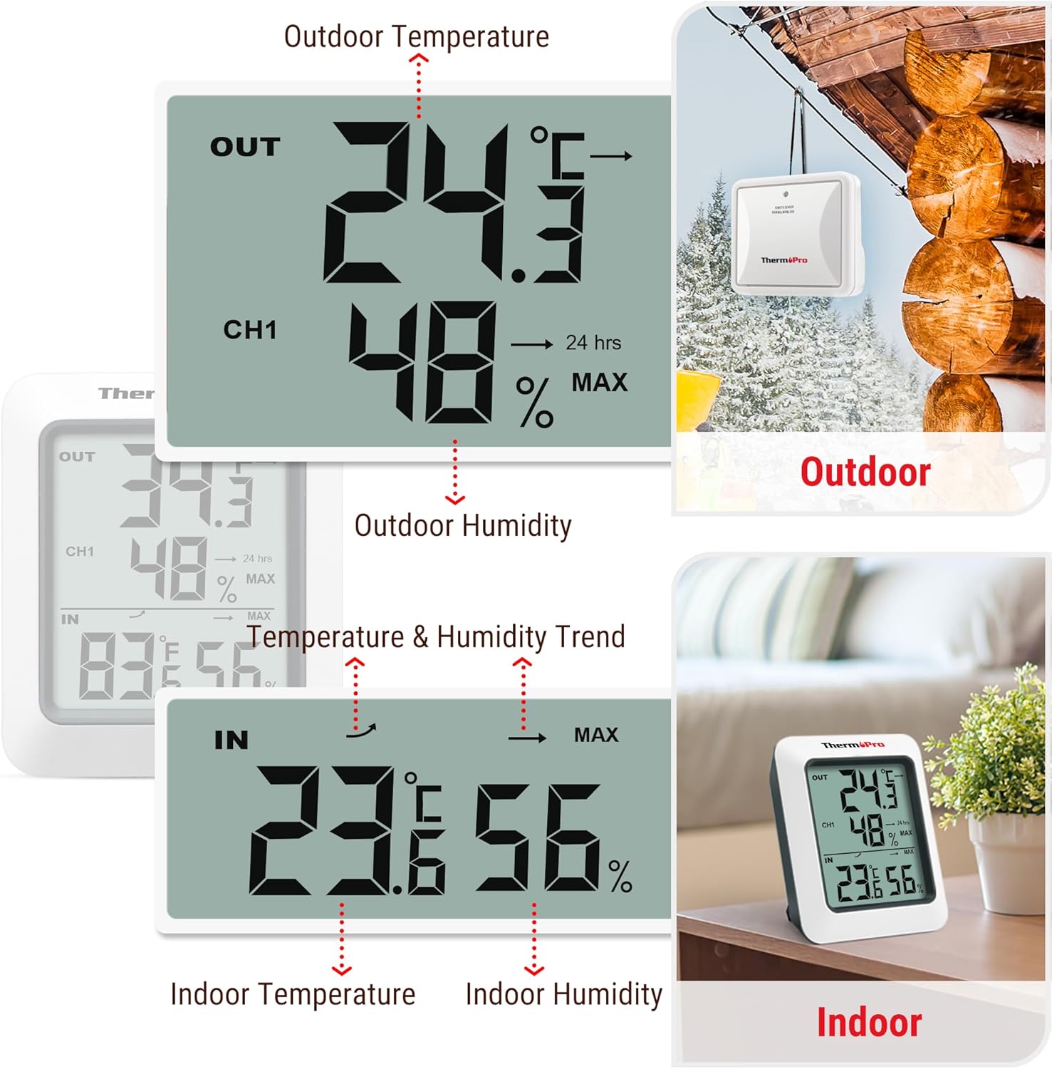 Thumbnail 4 de ThermoPro TP60C Funk-Temp/Hygro–Monitor mit Außen Sensor – zuverlässige Innen- und Außenmessung