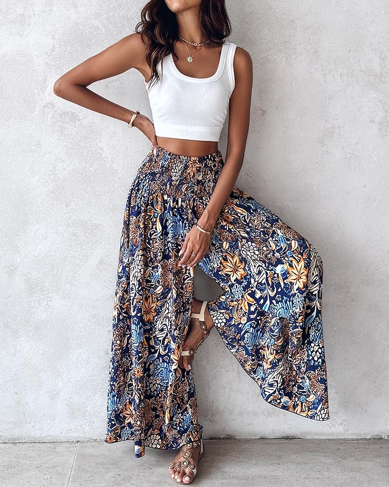 Detalle de CHICME Boho Floral Shirred High-Waisted Wide Leg Palazzo Pants