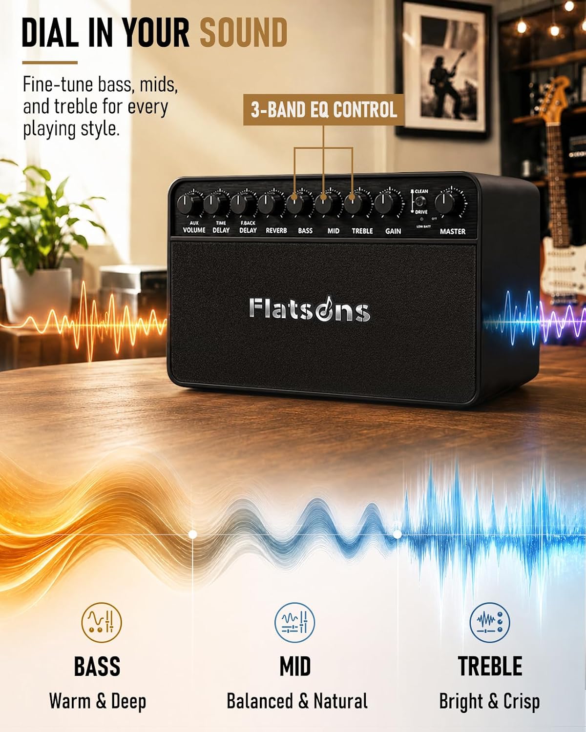 Detalle 2 de Flatsons FBA-20 20W Portable Guitar Amp with Clean/Drive, Effects & OTG