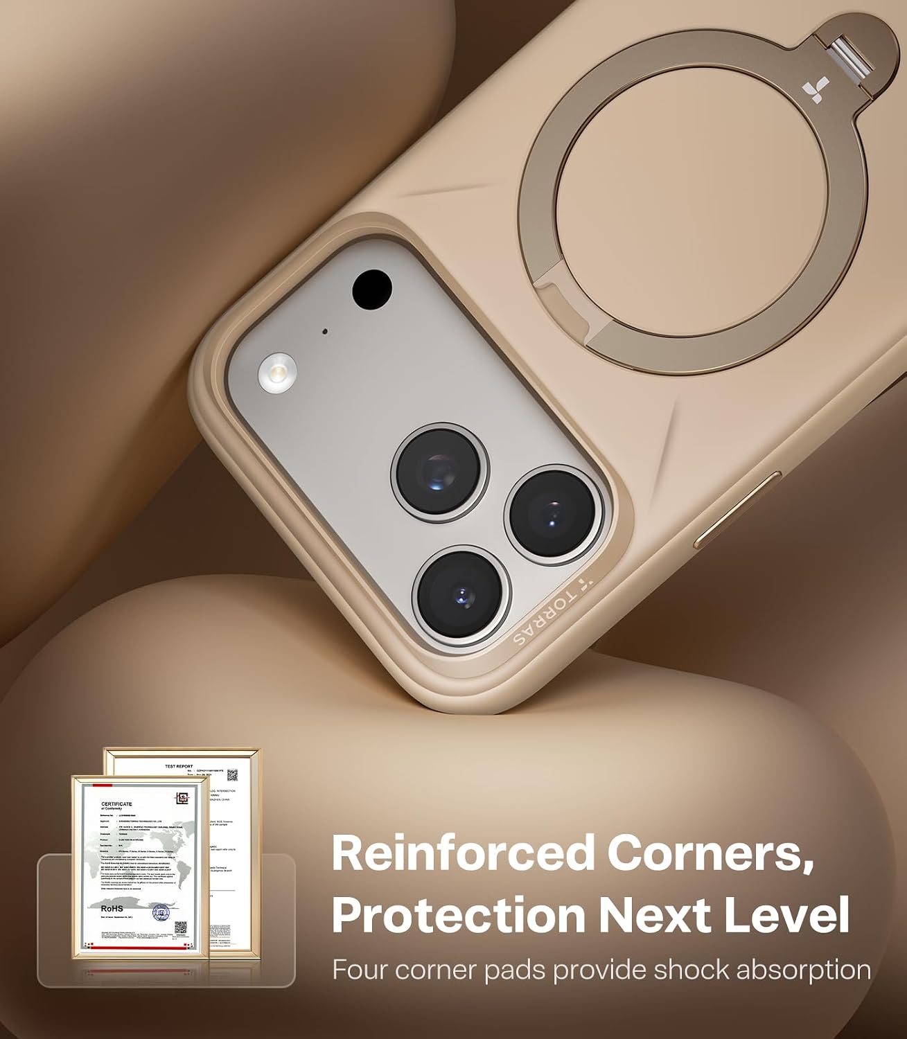 Detalle de TORRAS Q3 Silicone 360 Spin for iPhone 17 Pro Case with Stand — 55° Silicone, MagSafe Ready, Dune Beige