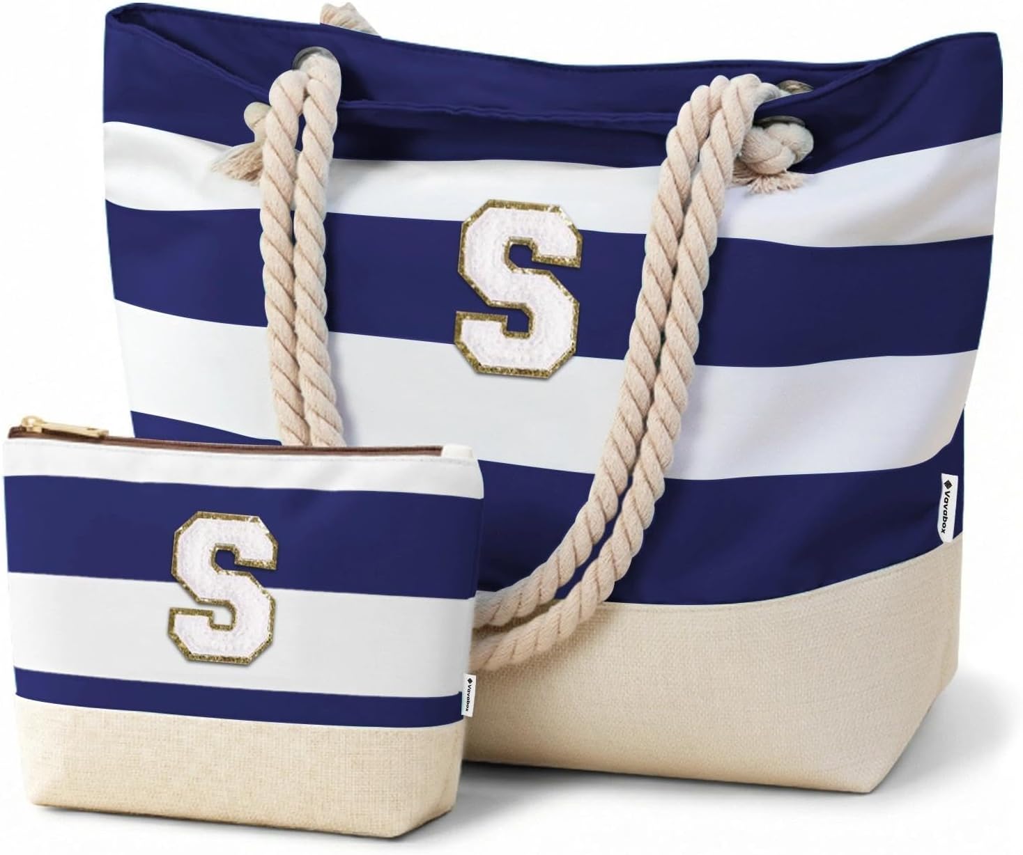 Detalle de Vavabox Initial Beach Bag with Zip and Pockets – Personalised, Water-Resistant & Foldable Large Tote Set