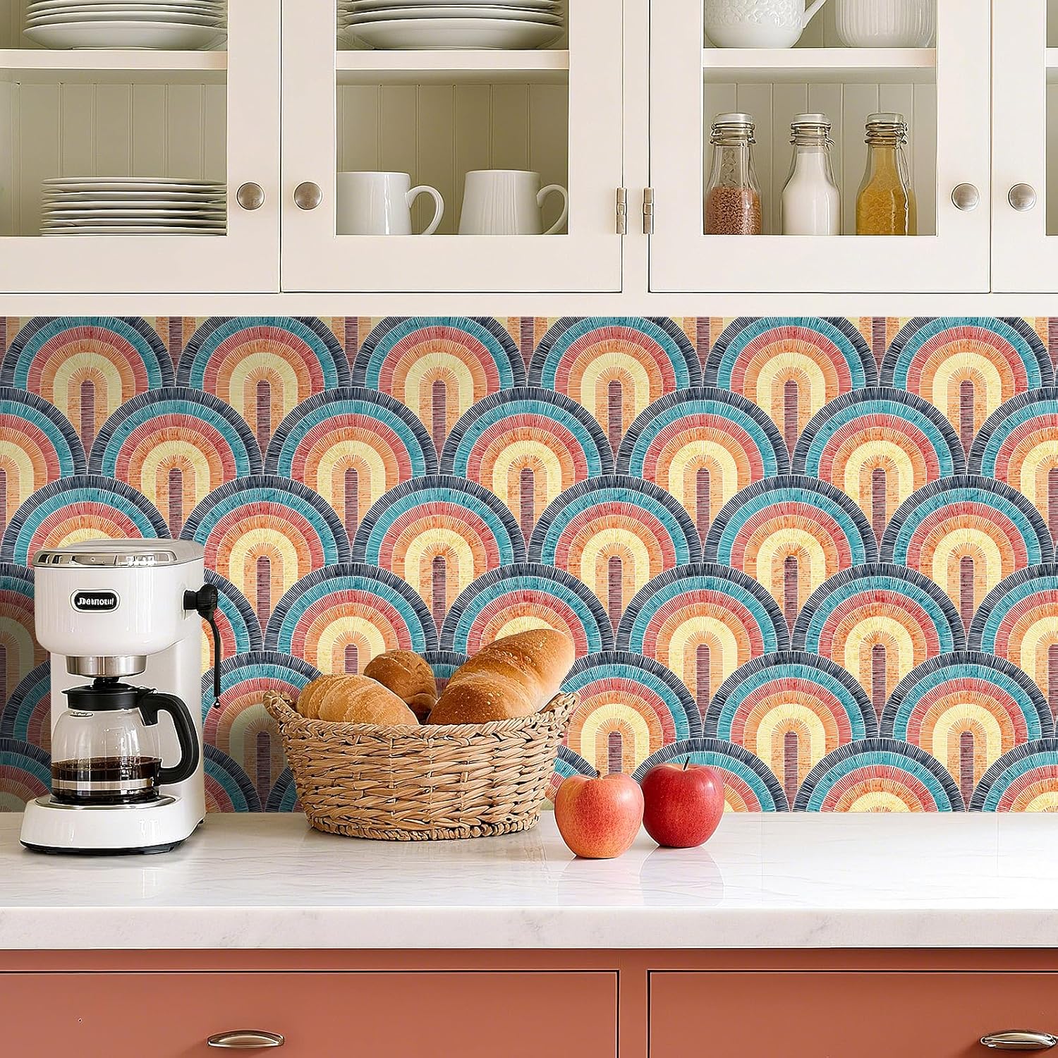 Detalle 2 de Livelynine selbstklebende Tapete Boho mit geometrischem Muster – Rot, Petrol & Gelb (44,5 cm x 7 m)