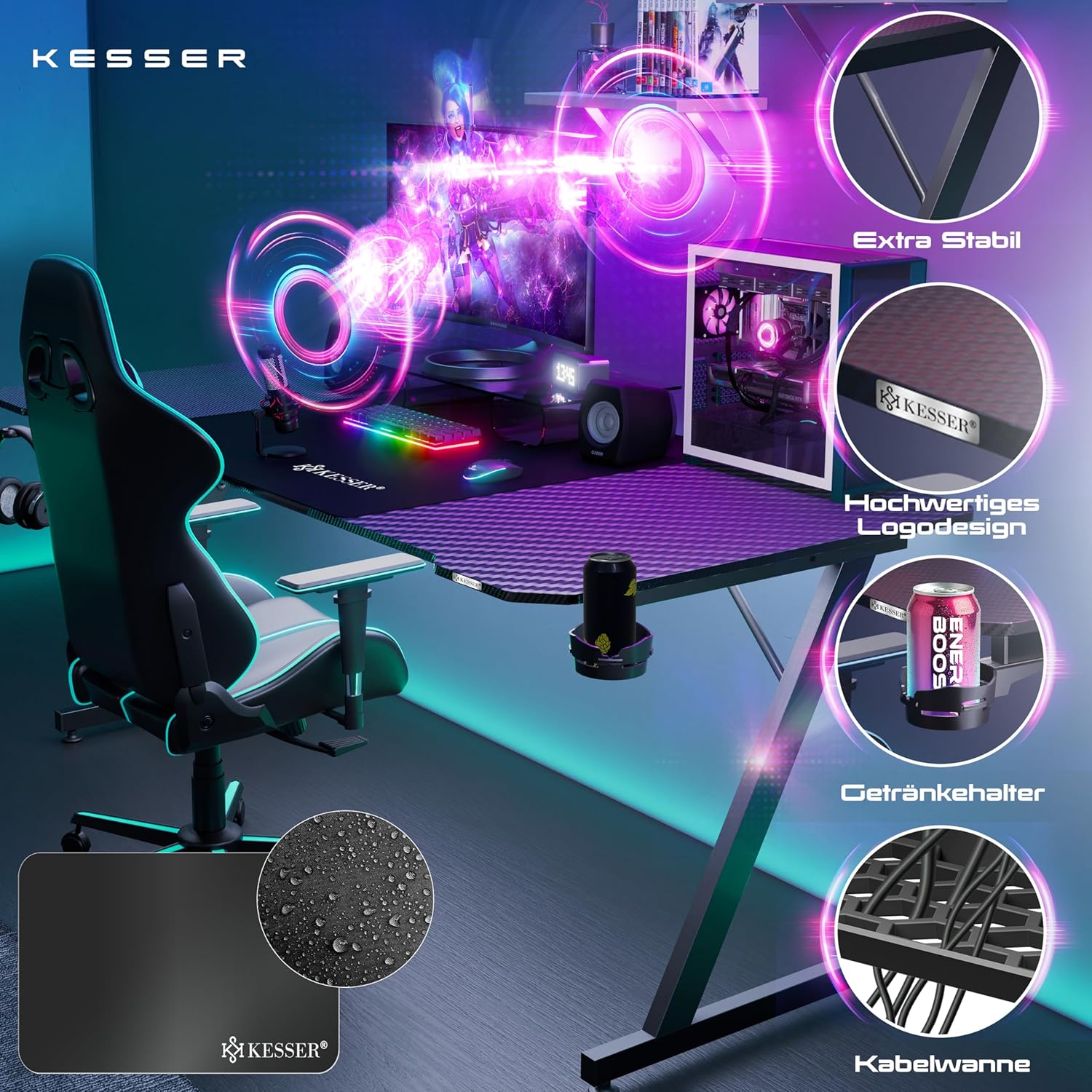 Thumbnail 2 de KESSER® Gaming Tisch 160 x 60 cm (Z-Form) mit Getränkehalter, Kopfhörerhaken & Kohlebeschichtung