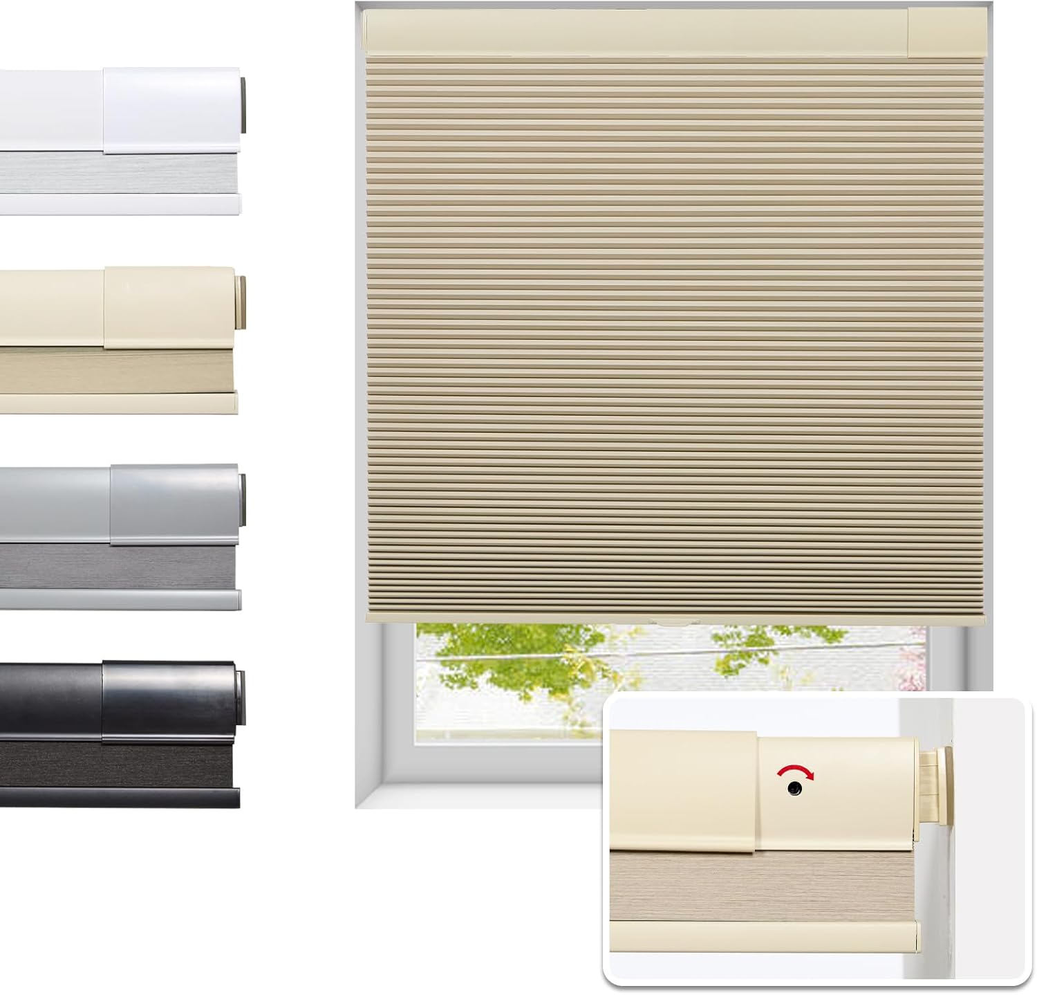 Tonature No Drill Cellular Shades: 21" W x 64" H, Beige, Free Stop Cordless Blackout Honeycomb Blinds
