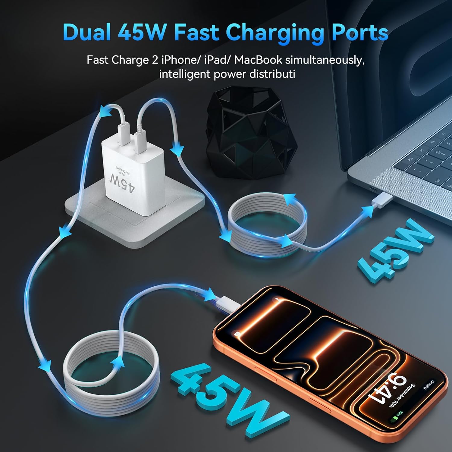 Thumbnail 2 de Auorld 45W USB-C iPhone Fast Charger (Dual Port) with Long 10 ft USB-C Cable