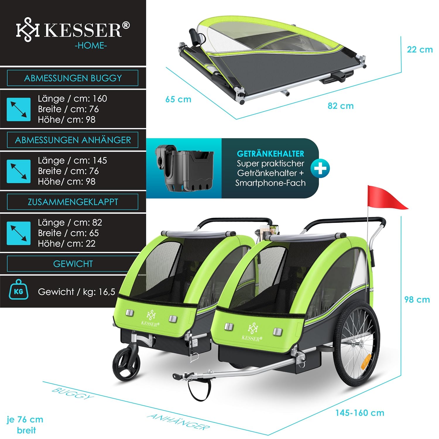 Thumbnail 6 de KESSER® Kinderfahrradanhänger Sport-RX 2in1 Jogger & Buggy – 1–2 Kinder bis 40 kg