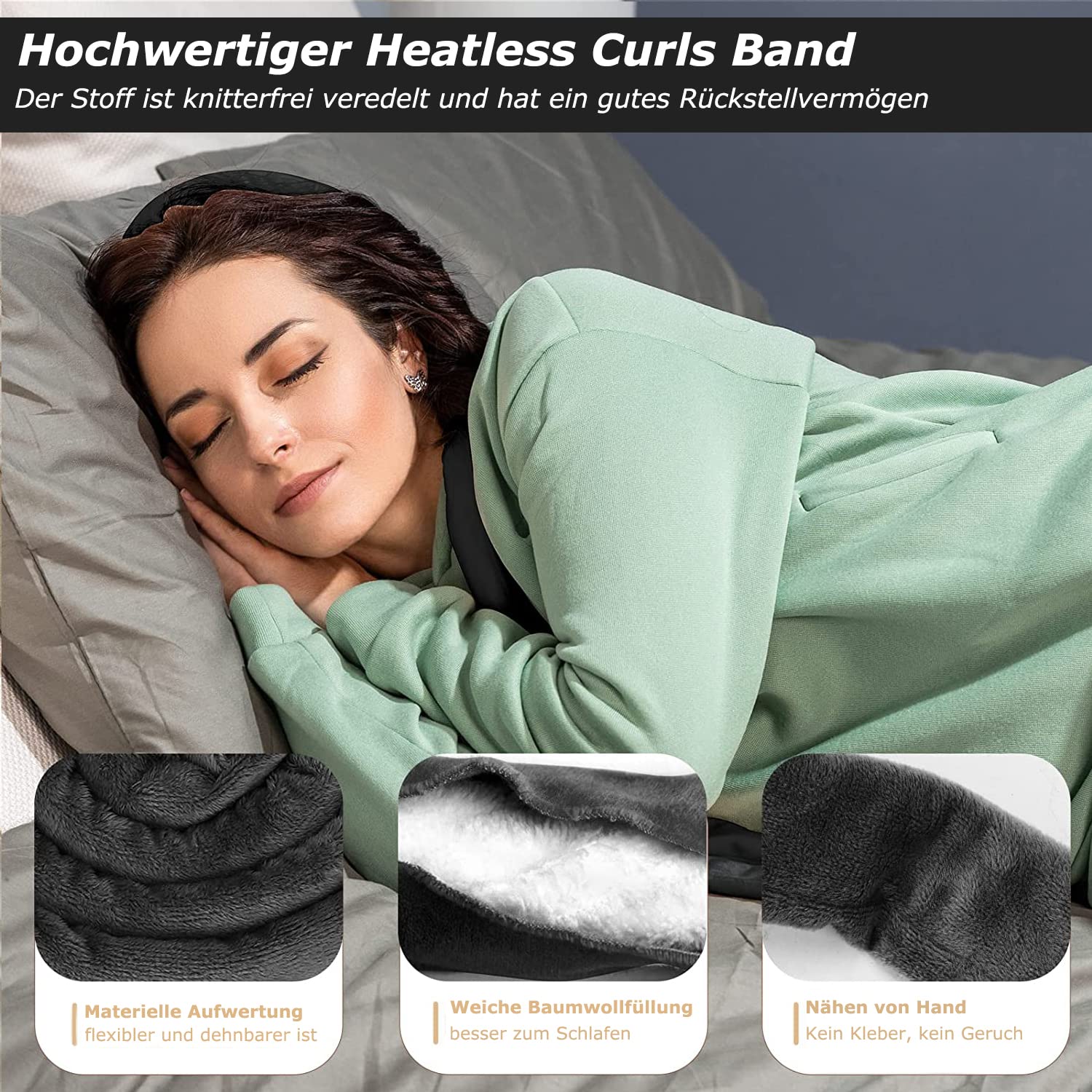 Detalle 2 de Heatless Lockenwickler (ohne Hitze) mit rutschfestem Stirnband – Lockenwickler-Set für langes bis mittleres Haar (schwarz)