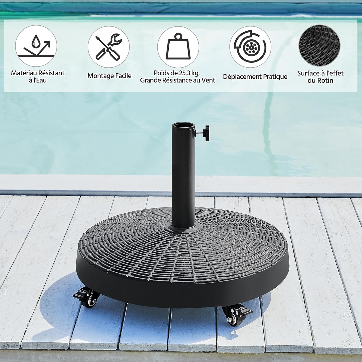 Detalle 2 de Yaheetech Pied de Parasol à Roulettes 24 kg / Base 52 cm – Résine et métal pour parasol Ø 3,8 cm ou 4,8 cm