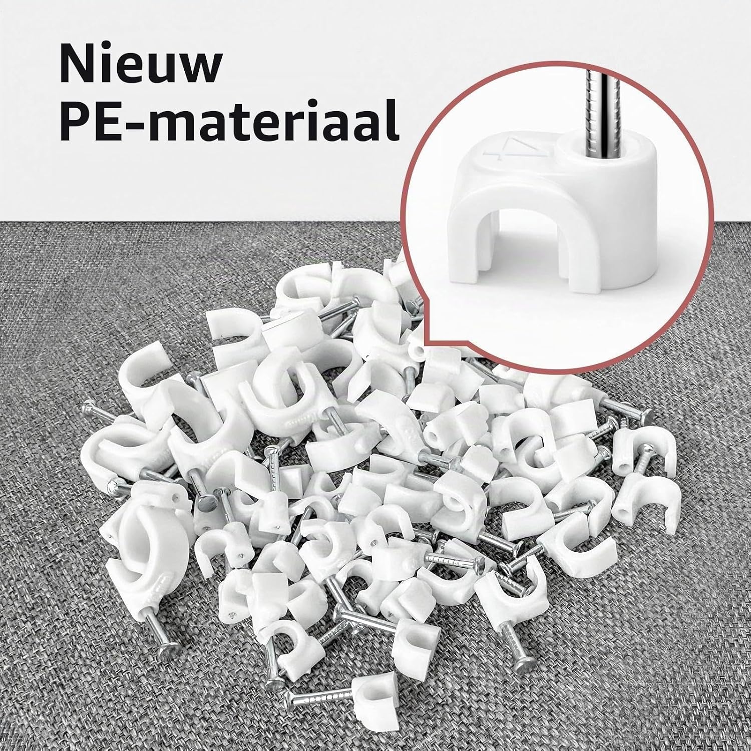 Detalle 2 de Aujzoo kabelclips, 4, 6, 8 en 10 mm, 80 witte clips met stalen nagels