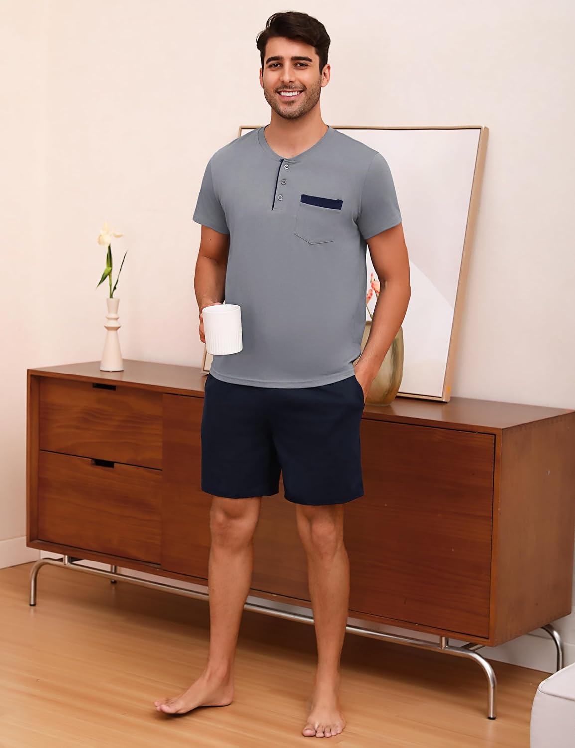 Detalle de Aseniza Herren Schlafanzug Kurz Baumwolle Pyjamaset – Sommer Shorty, O-Ausschnitt, Zweiteilig