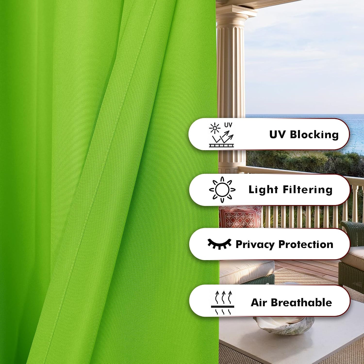 Detalle 2 de BONZER Outdoor Curtains for Patio: Waterproof, Thick Privacy Grommet Curtains in Green, 54W x 84L (1 Panel)