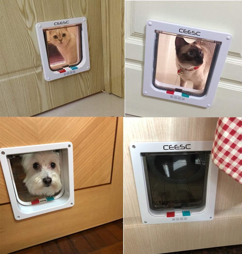 Detalle de CEESC Porta per gatti e cani con chiusura a 4 vie (27,9 x 24,9 cm) resistente alle intemperie
