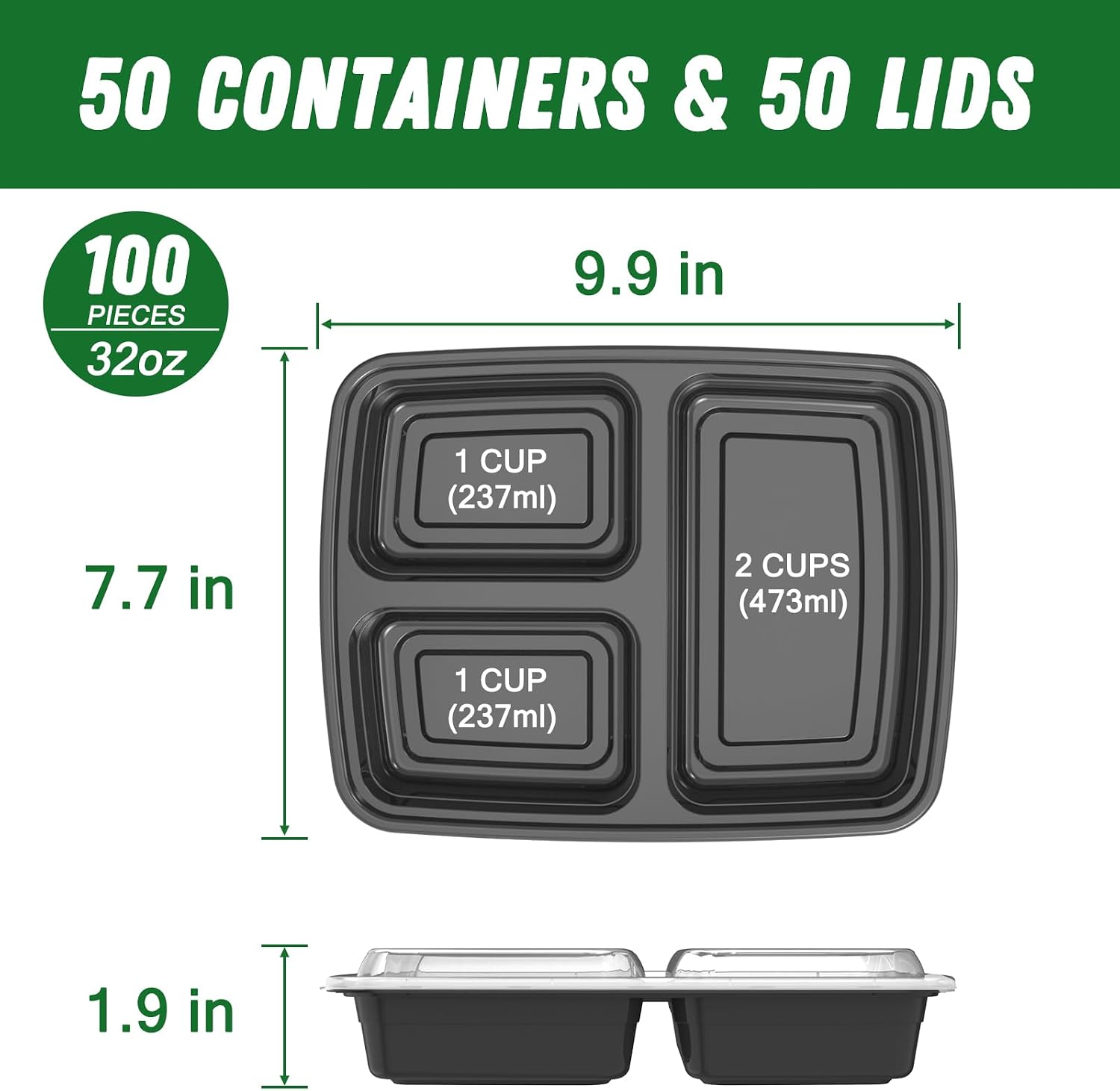 Detalle 2 de Dealusy 32 oz 3-Compartment Meal Prep Containers