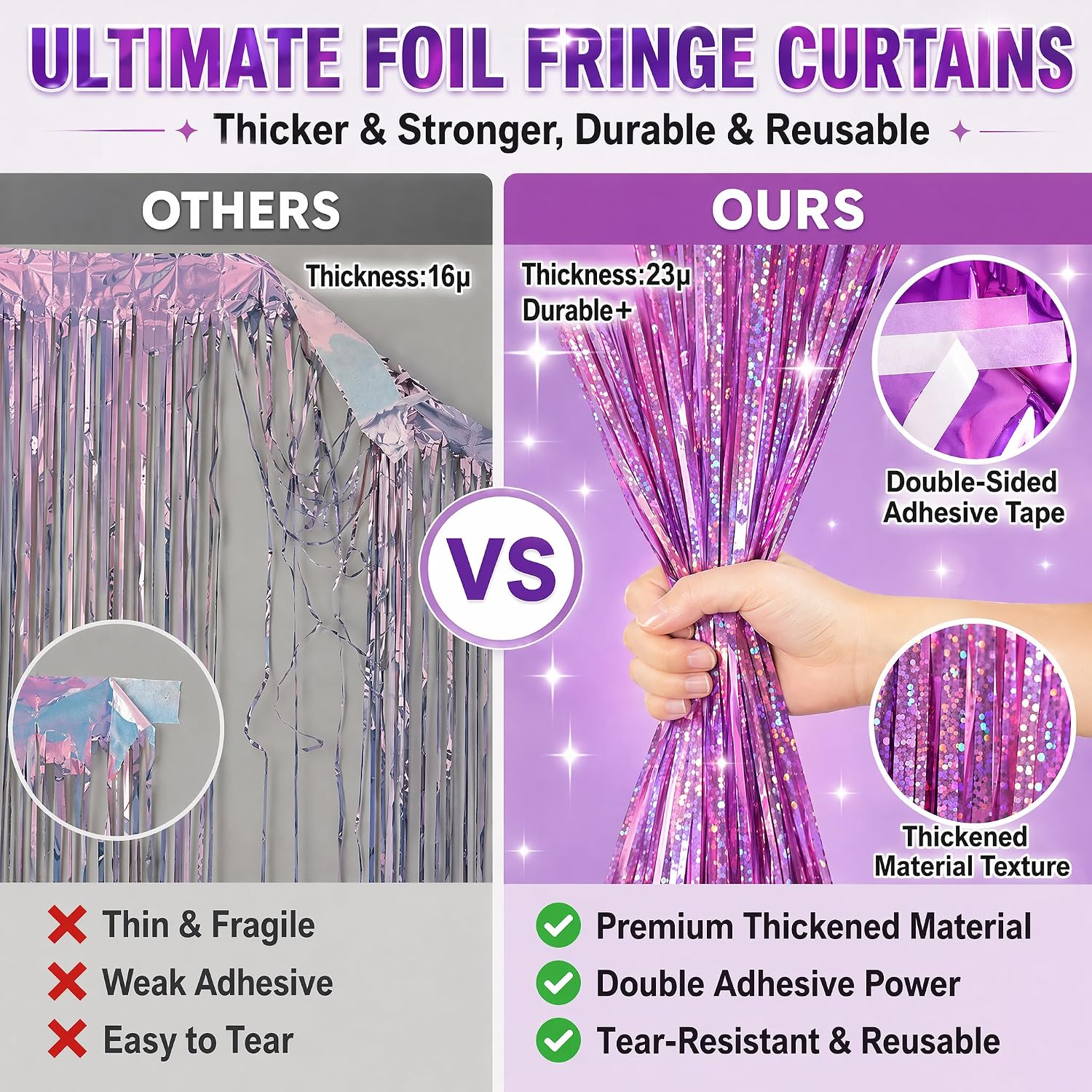 Detalle 2 de Melsan 3-Pack Tinsel Fringe Curtain Backdrops for Easter, Pinkish Purple (Photo Booth & Party Decor)