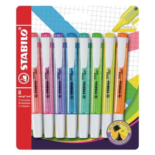 Detalle de STABILO Swing Cool: marcador fluorescente con antisecado y dos grosores (2 y 5 mm) en 8 colores