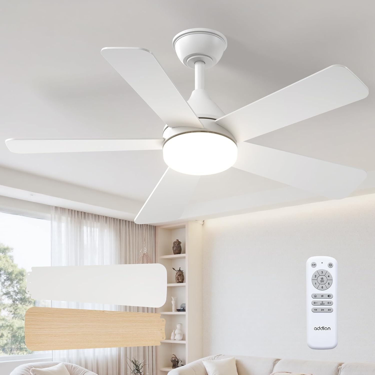 Detalle de addlon KDM42PLY5B03R1 42-Inch White Ceiling Fan with LED Light and Remote