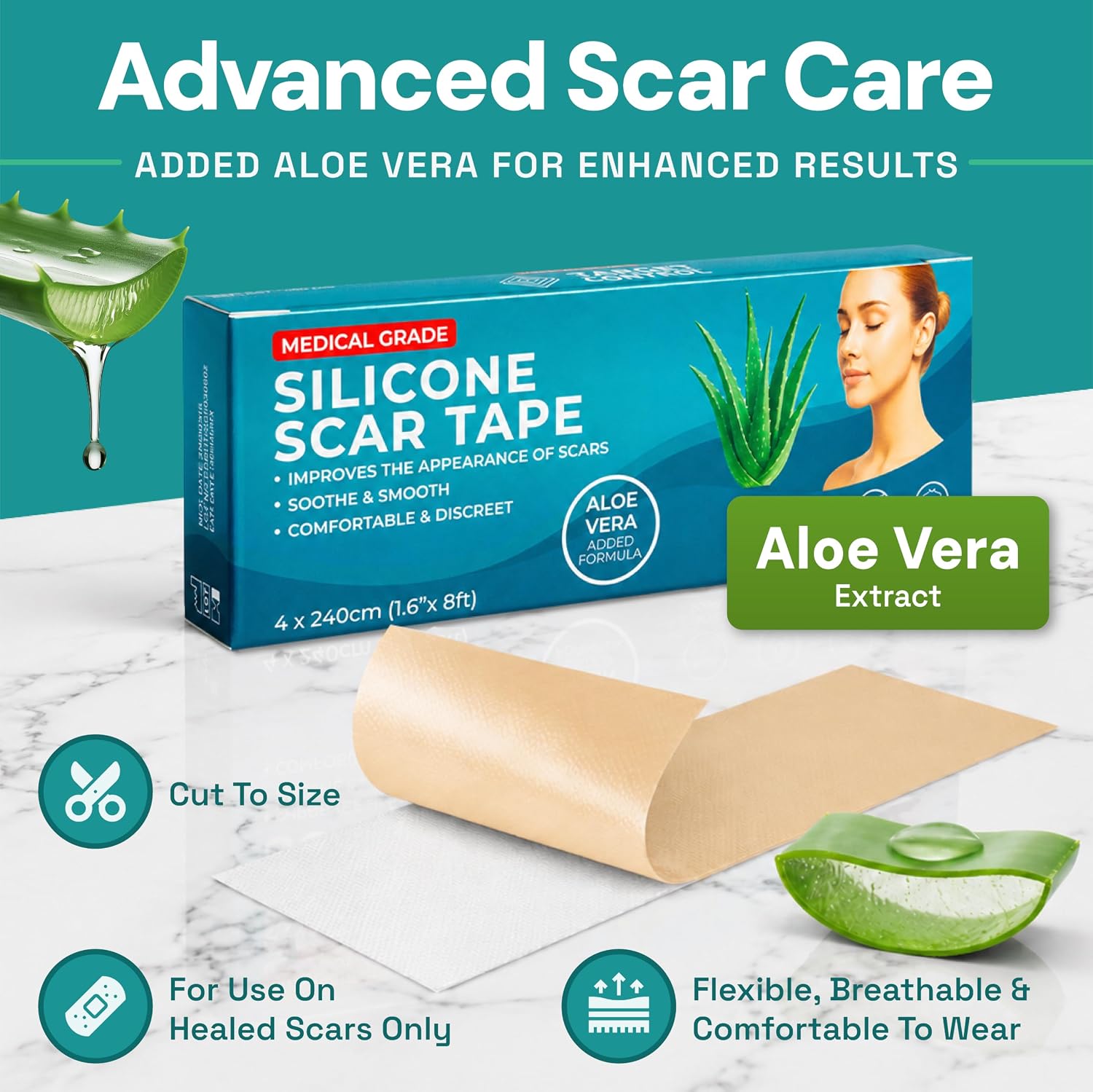 Detalle de Silicone Scar Tape with Aloe Vera — Medical Grade Silicone Sheets & Tape (4cm x 2.4m)