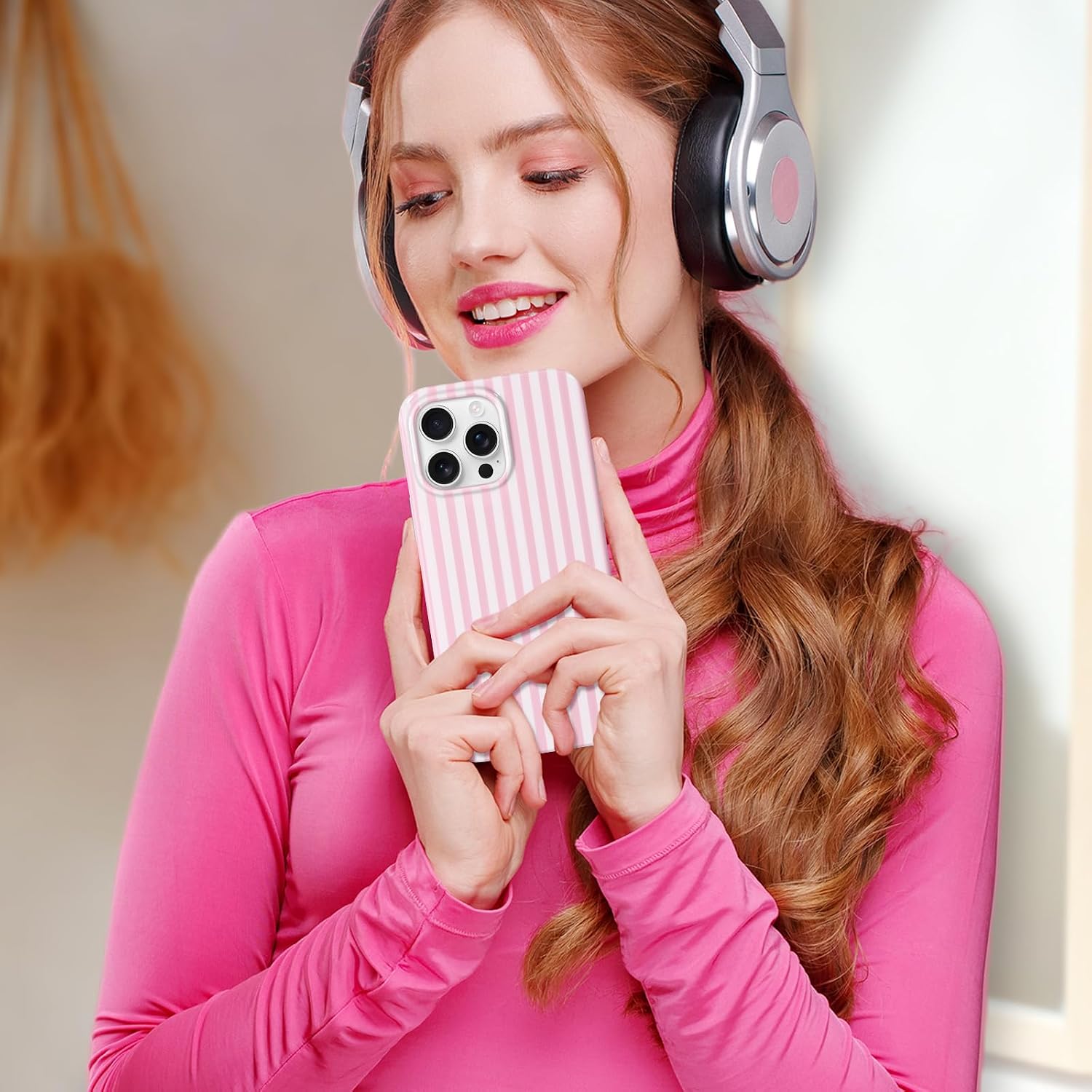 Detalle 1 de Hython iPhone 13 Pro Max Case, Pink and White Striped TPU