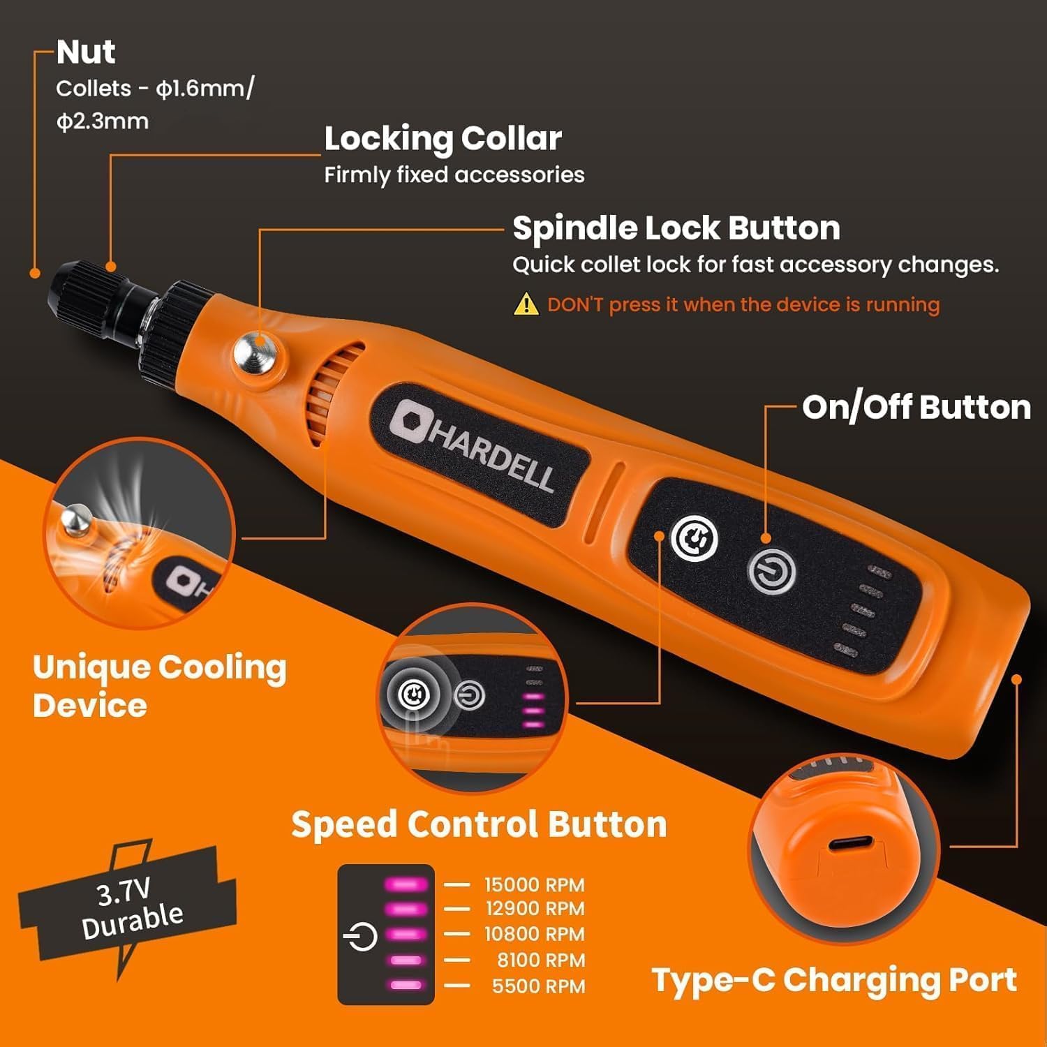 Detalle de HARDELL Cordless Rotary Tool, 5-Speed 3.7V with 43 Accessories