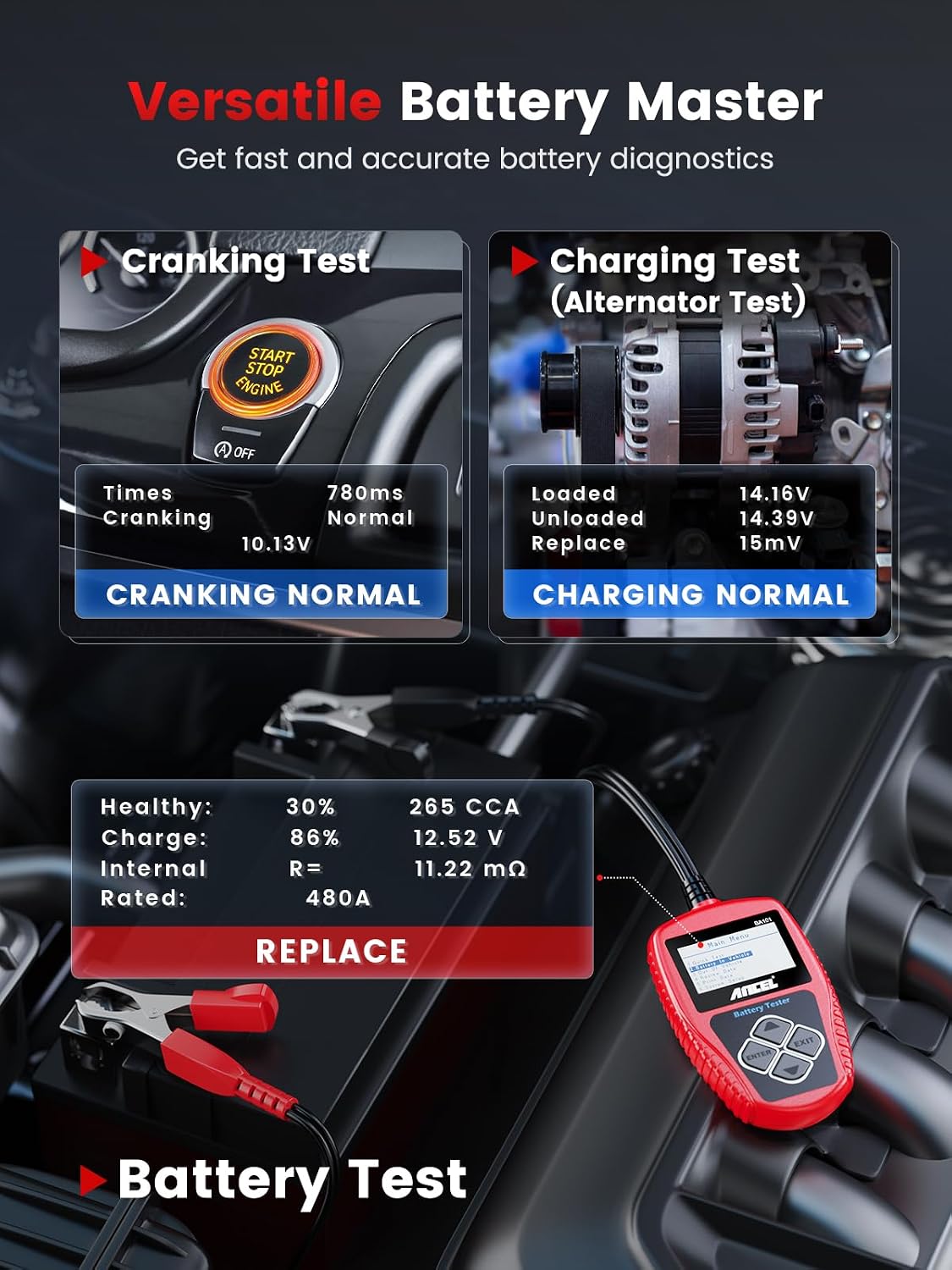 Detalle 2 de ANCEL BA101 12V Car Battery Tester, 100–2,000 CCA, Charging and Cranking Tests
