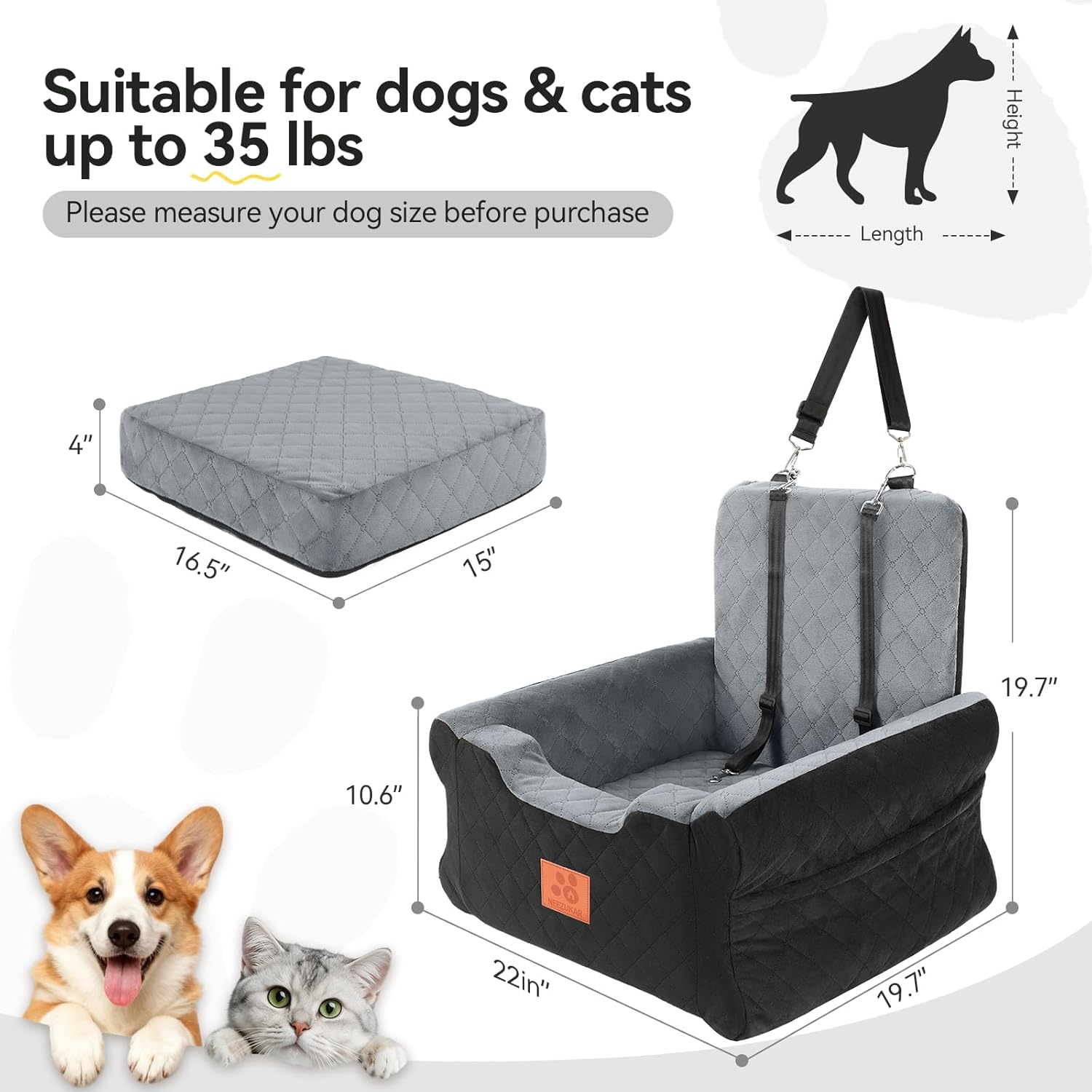 Detalle de GL GLENSLAVE Dog Car Seats for Small/Medium Dogs – Elevated Memory Foam Booster Seat