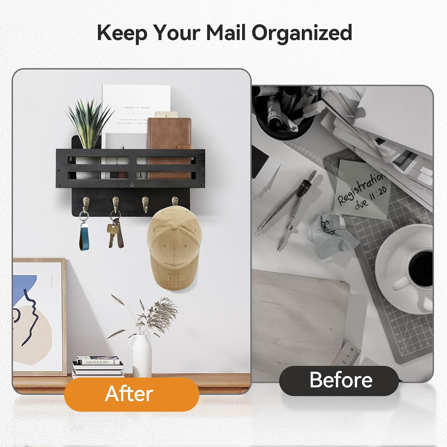 Detalle 2 de KISENG Key Hooks -J Wall-Mounted Key and Mail Organizer, Black Paulownia Wood