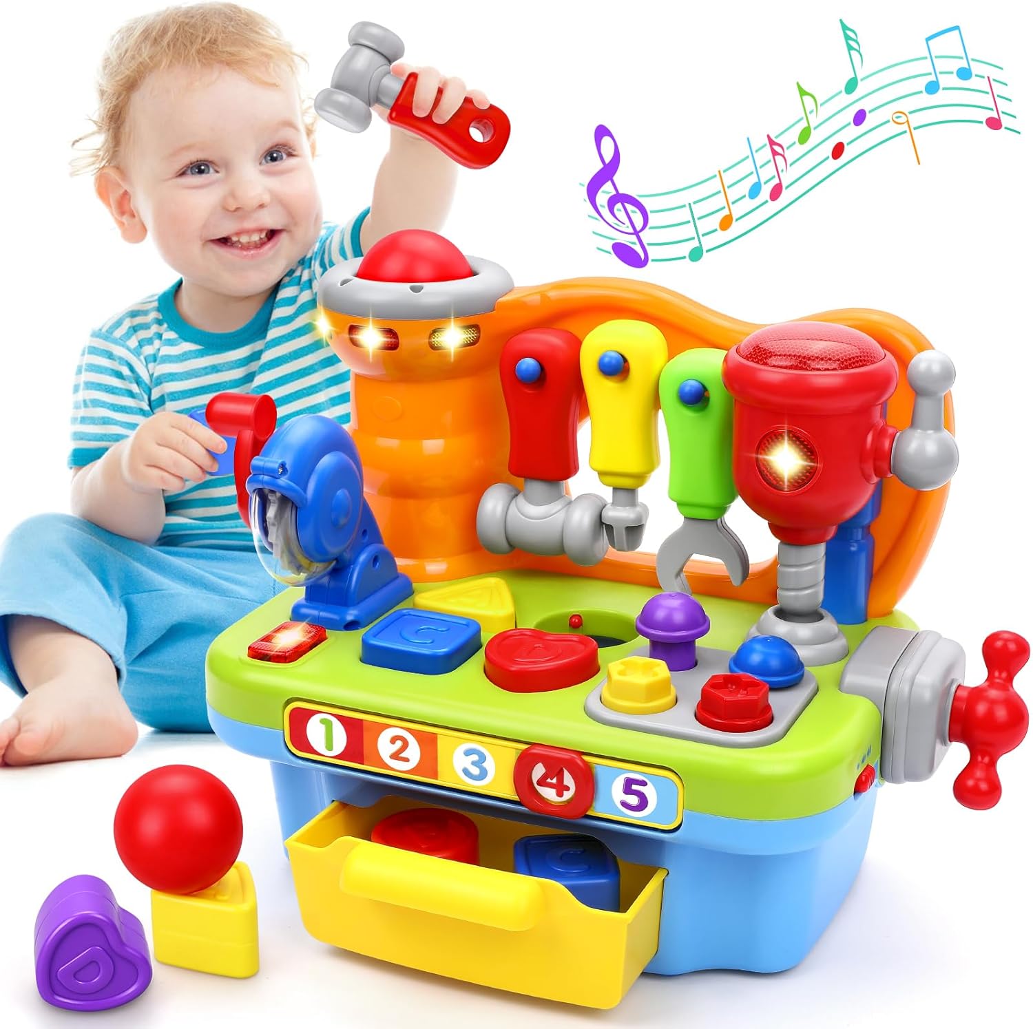 ORWINE Musical Toddler Tool Bench for 1-Year-Old Boys (Montessori Engineer Pretend Play)