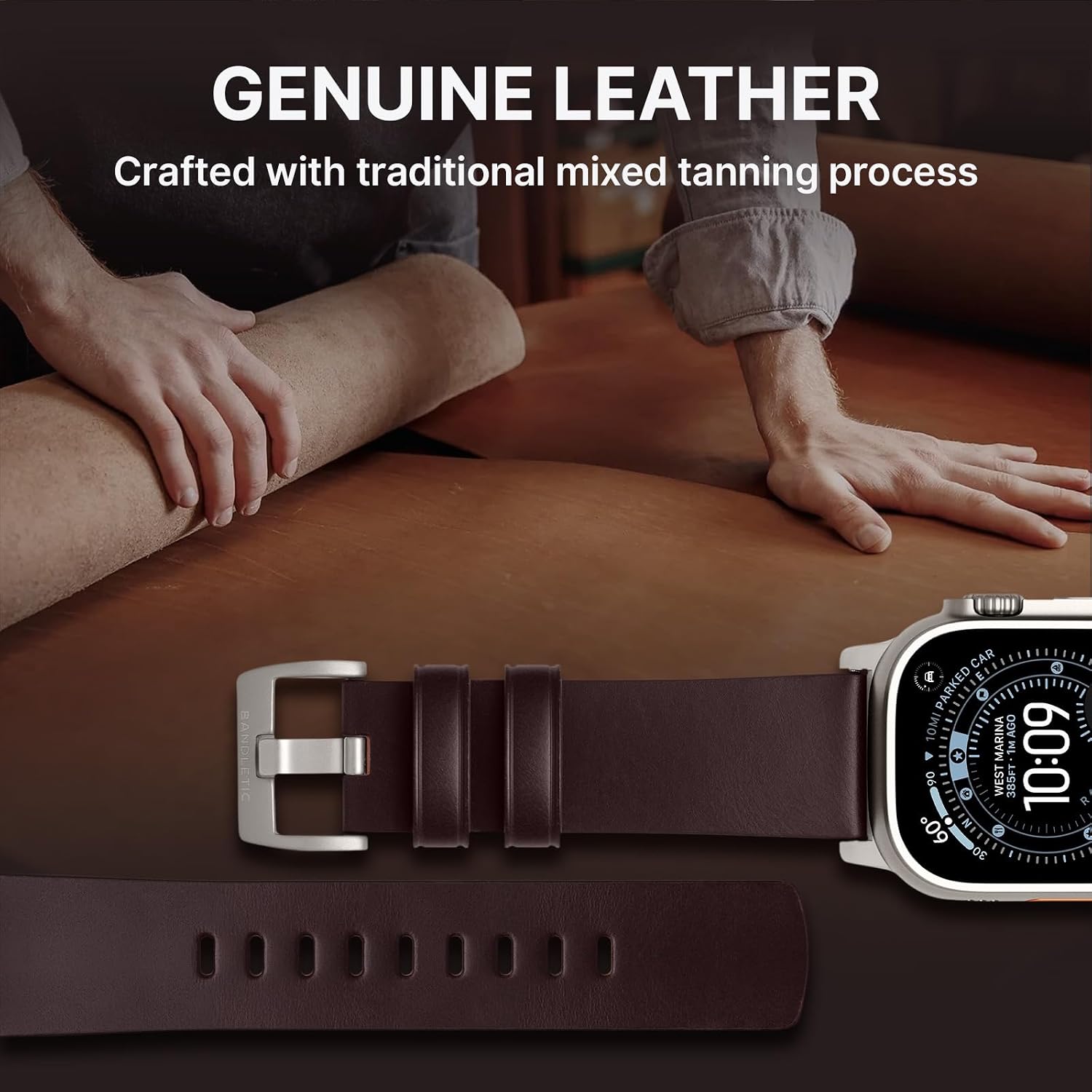 Detalle de Bandletic Leather Straps for Apple Watch Ultra 3/2/1 and Series 11–1 – Genuine Leather Replacement Band
