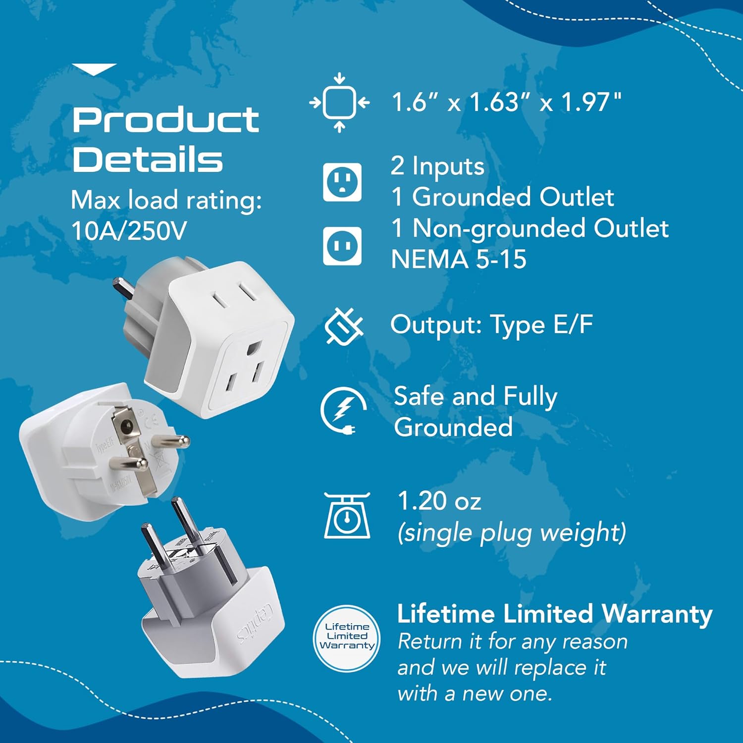 Detalle de Ceptics Schuko Germany/France Plug Adapter (3 Pack) – Dual Input, Ultra-Compact