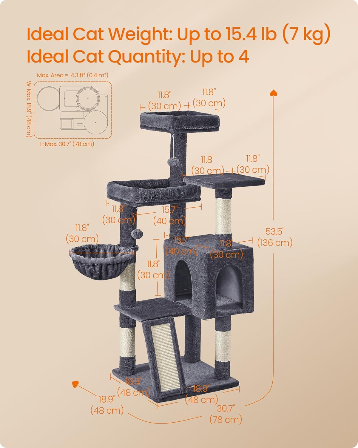 Detalle de Feandrea Cat Tree: 136 cm Tall Multi-Level Cond o with Scratching Posts, Cave and Beds