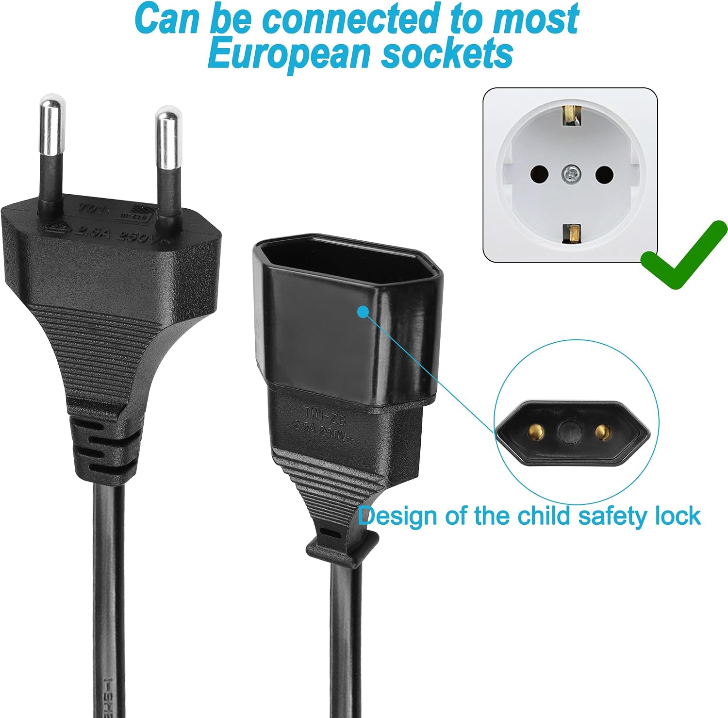 Detalle de YACSEJAO Euro Verlängerung: Typ-C auf Euro-Stecker, 40 cm, 0,75 mm²