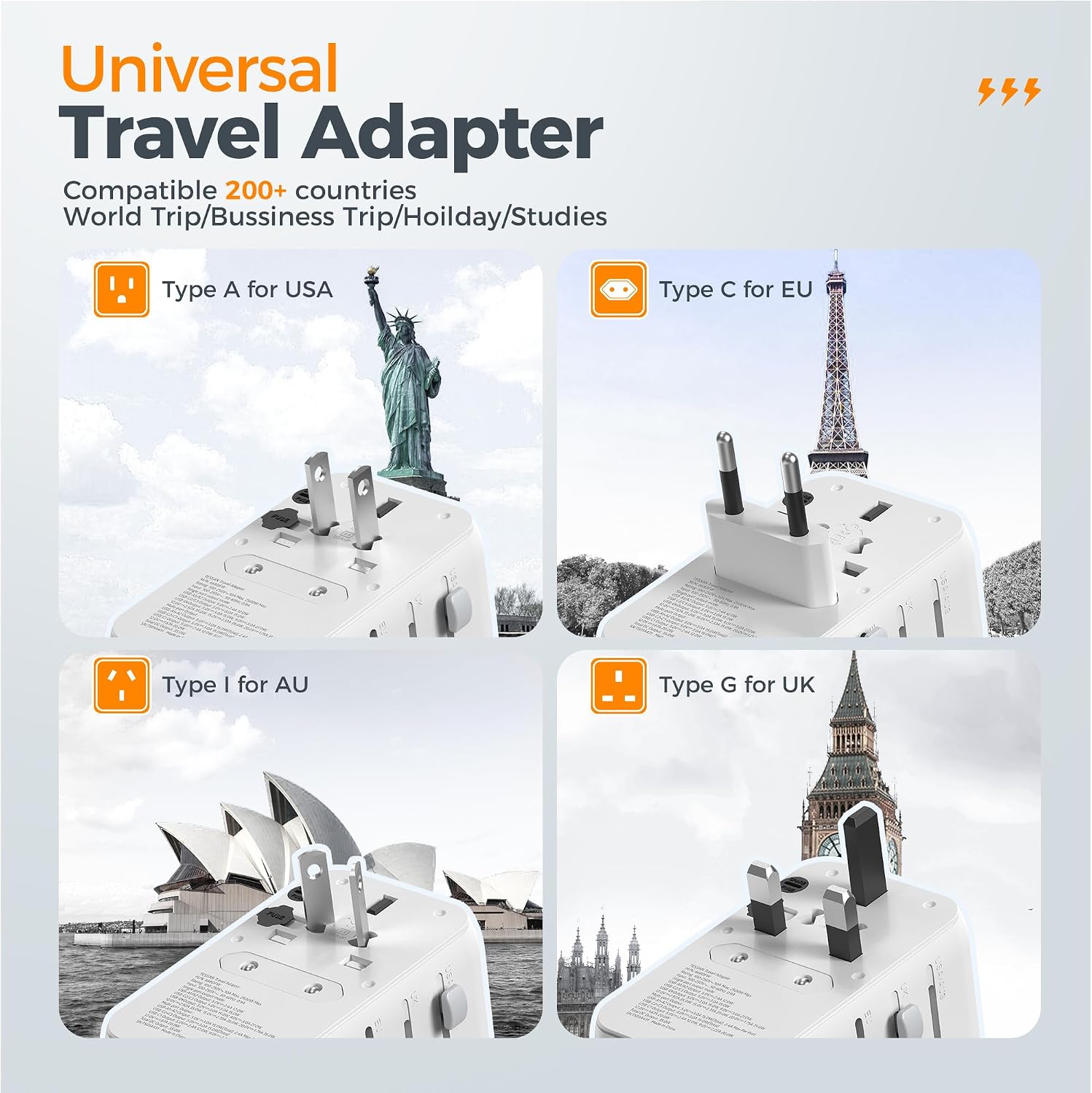 Detalle 2 de TESSAN Universal Travel Adapter with Built-in 35W USB-C Cable (UK) for EU/US/AU