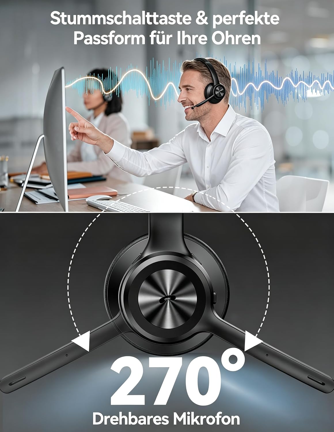 Detalle de TECKNET Bluetooth-Headset mit Mikrofon, USB-Dongle und Noise Cancelling – 50 Std. Akku, Dualverbindung
