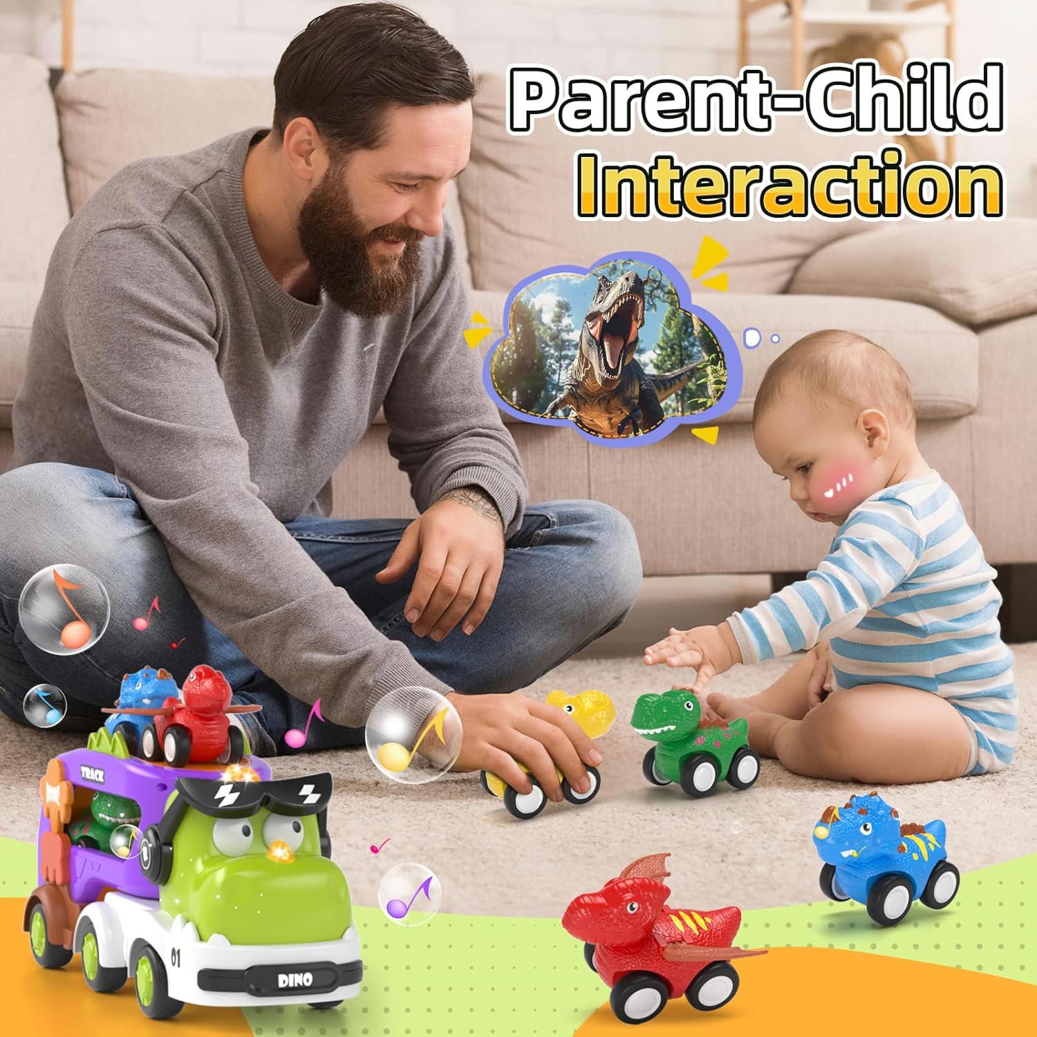 Thumbnail 4 de Usrela 5-in-1 Dinosaur Truck Toy with Sound, Lights & 4 Pull-Back Cars (for ages 2–4)