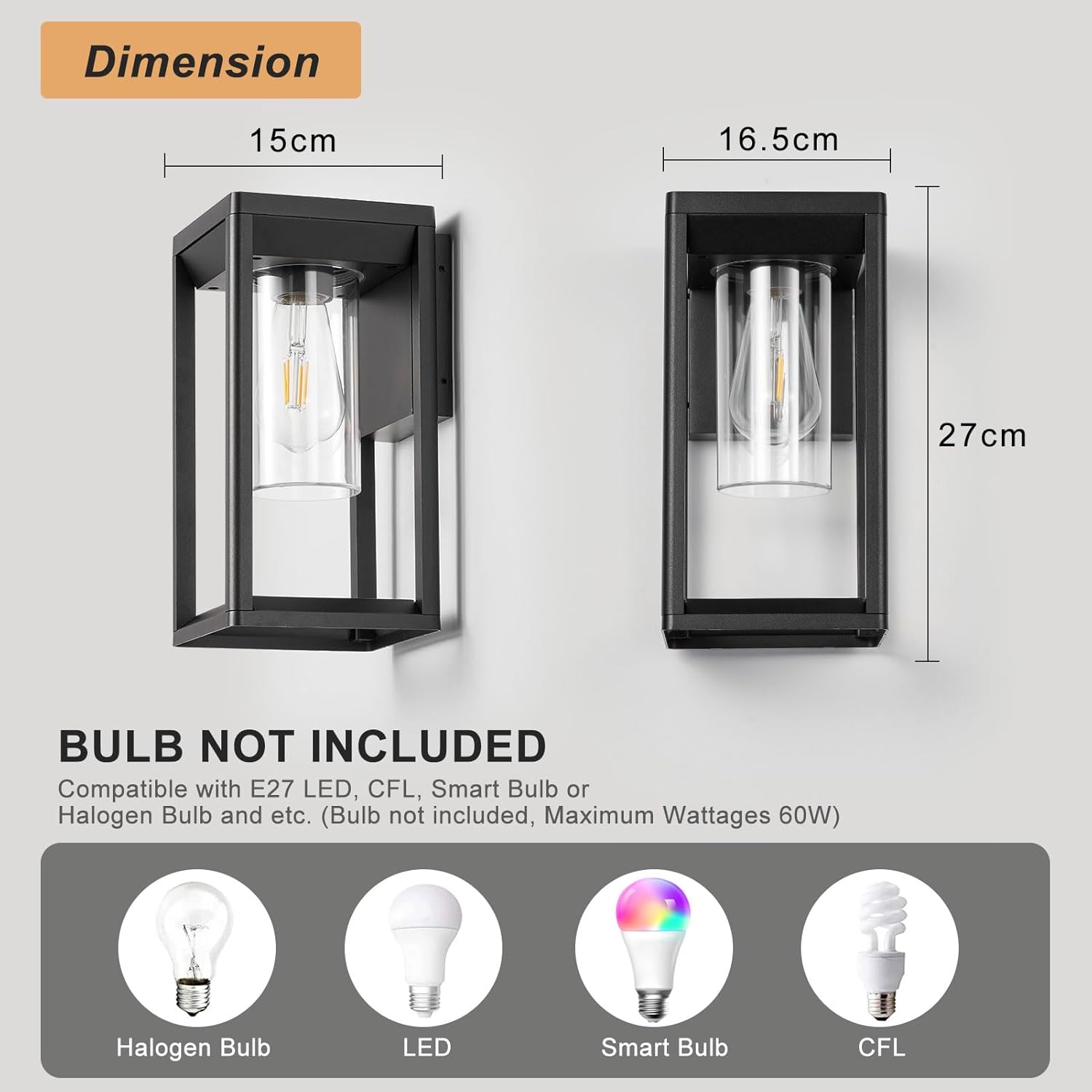 Thumbnail 4 de HARPER LIVING Outdoor Wall Lights Lantern – IP65 Weatherproof Mains E27 Wall Lamp (Black Aluminium, Clear Shade)