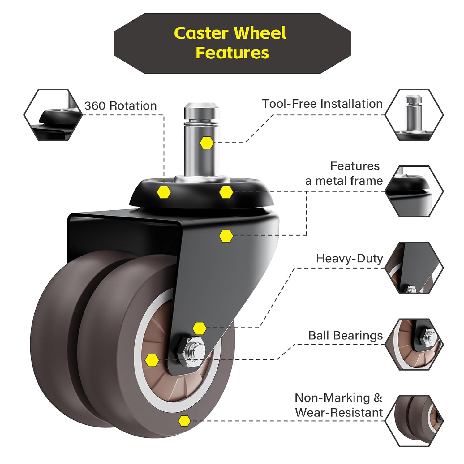 Thumbnail 3 de CLOATFET CLDD01 2-Inch Dual-Wheel Chair Casters, Grey TPR, Set of 5
