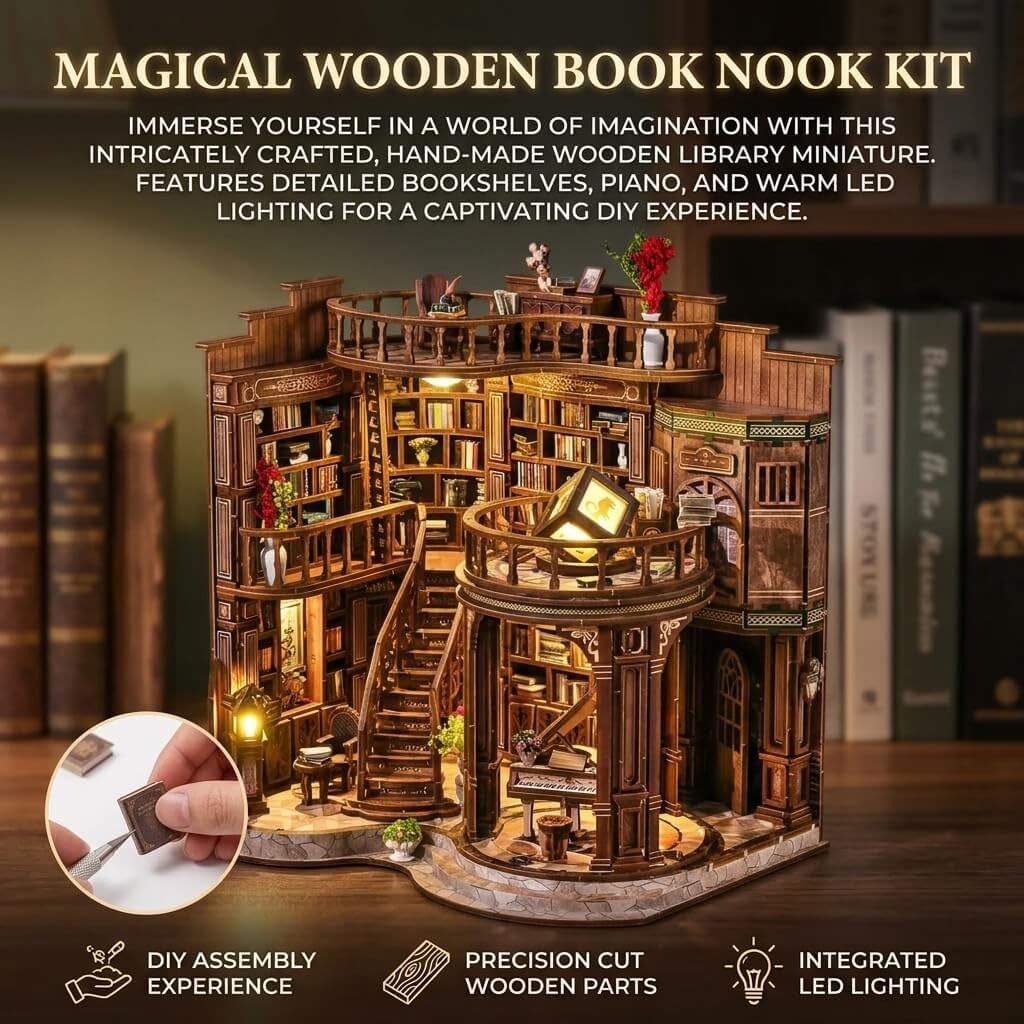Thumbnail 3 de Cuiwos Book Nook Kit 888 Pcs: Dreamy Library with LED Lights – 3D Miniature Wooden Bookend