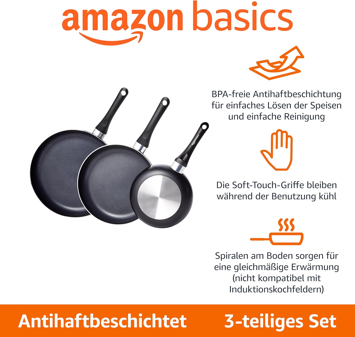 Detalle de Amazon Basics Keramik-Antihaft-Pfannen-Set, 3-teilig, 20,3 cm / 25,4 cm / 30,5 cm – Schwarz