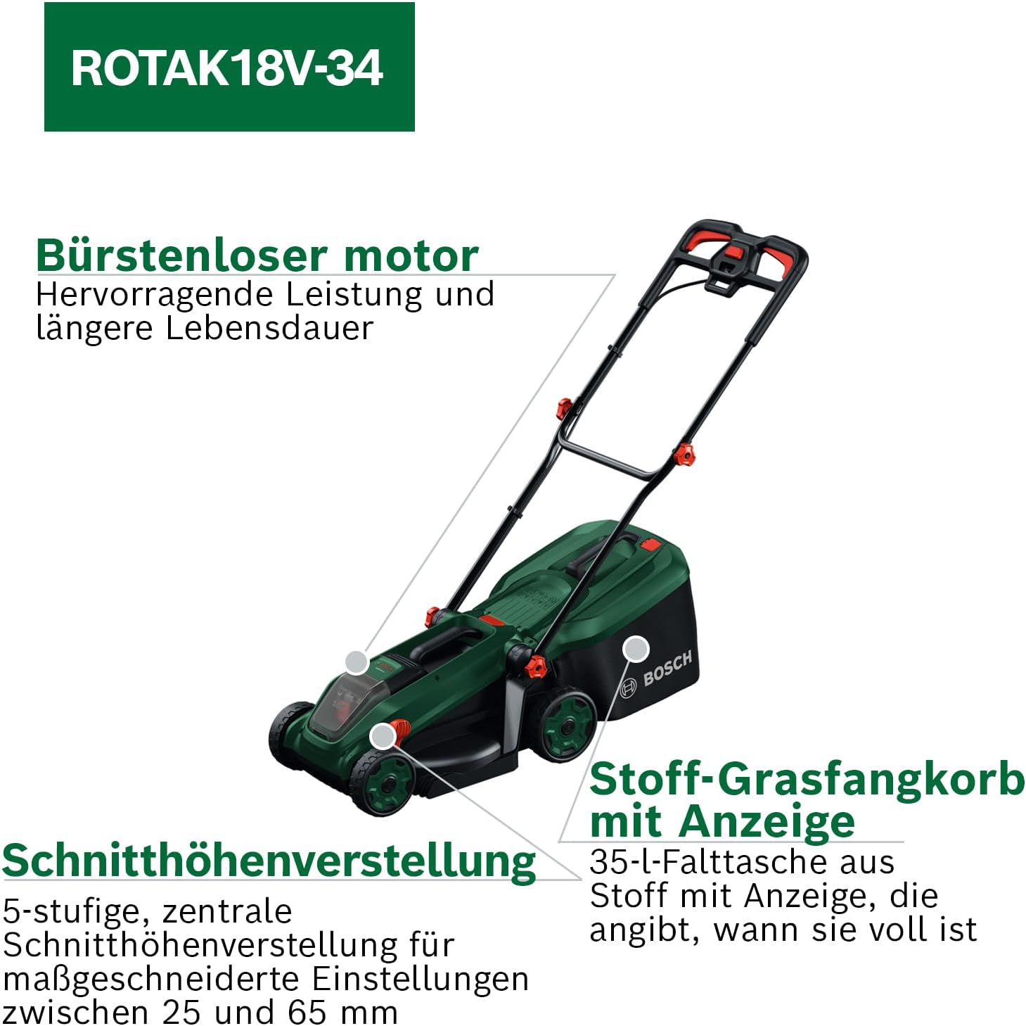 Thumbnail 2 de Bosch Akku-Rasenmäher ROTAK18V-34 – 34 cm Schnittbreite, 35 l Fangkorb (inkl. Akku & Ladegerät)