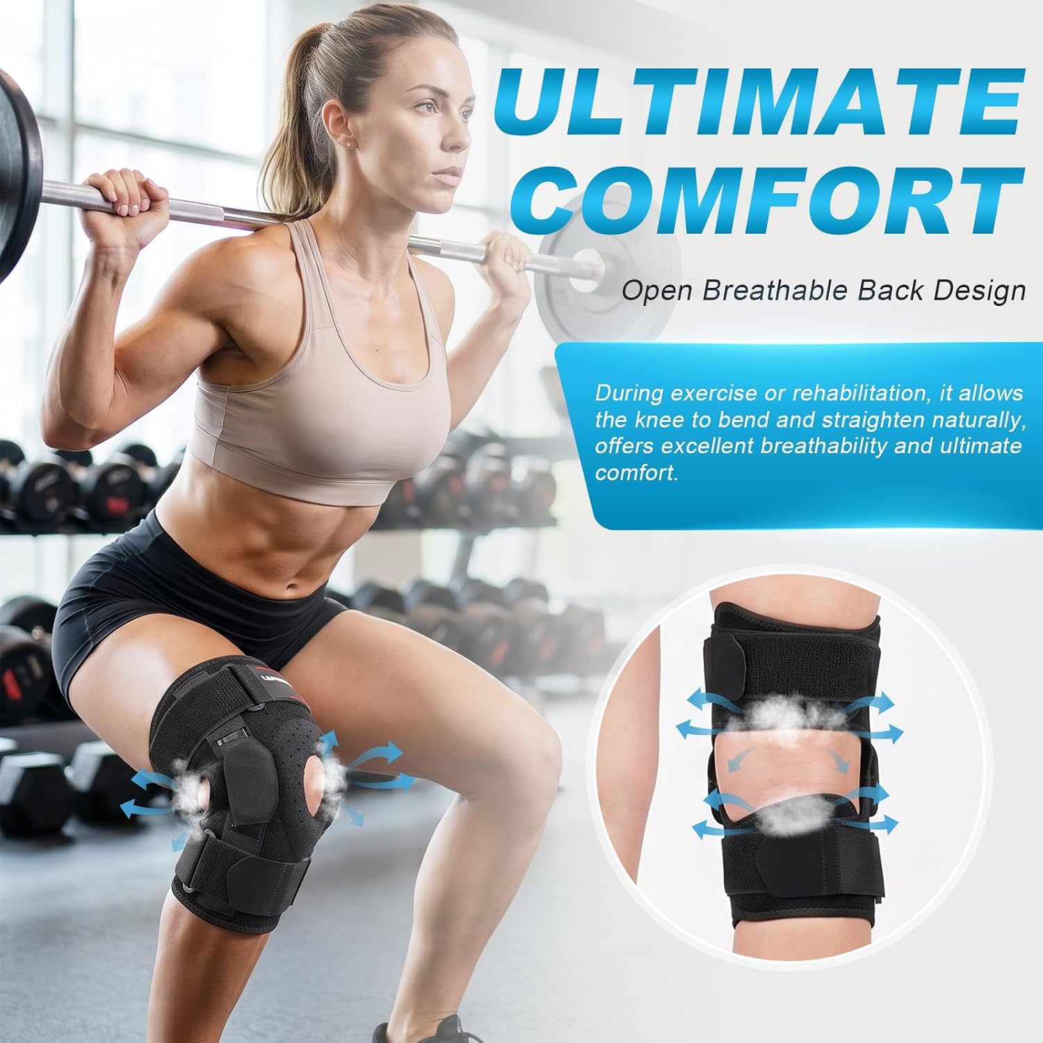 Detalle de Knee Support for Women and Men with Adjustable Hinged Design and Open Patella