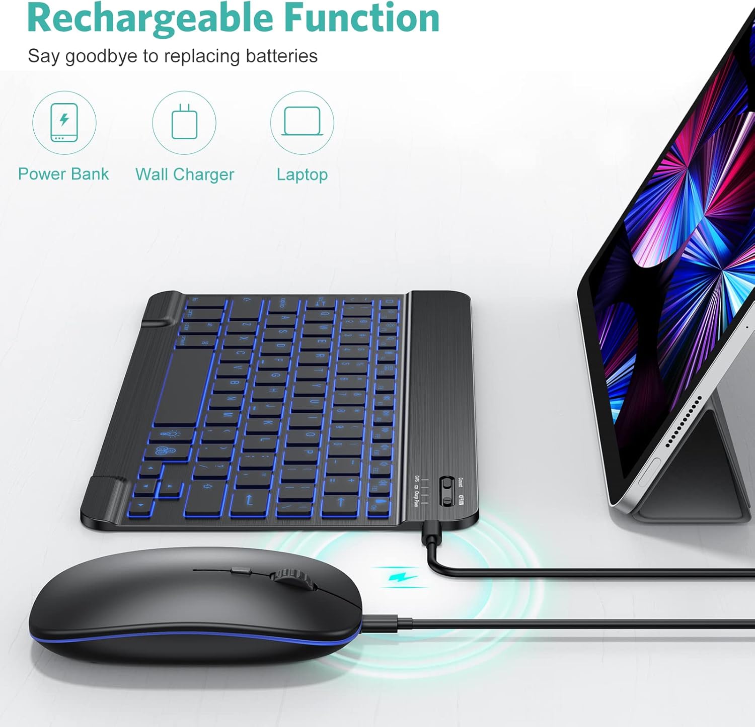 Thumbnail 3 de TECURS Bluetooth Keyboard and Mouse Combo for iPad (Rechargeable, 7-Color Backlit) – Black