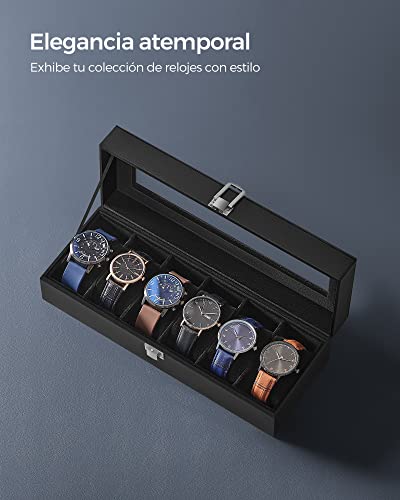 Detalle de SONGMICS Caja de Relojes JWB06B01: estuche con tapa de cristal para 6 piezas