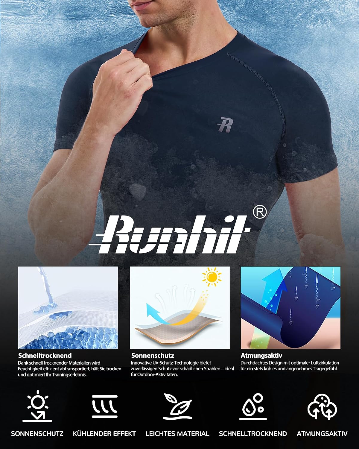 Thumbnail 5 de Runhit 3er-Set Herren-Kompressionsshirt Kurzarm – schnelltrocknendes Funktionsshirt für Lauf, Fitness & Training