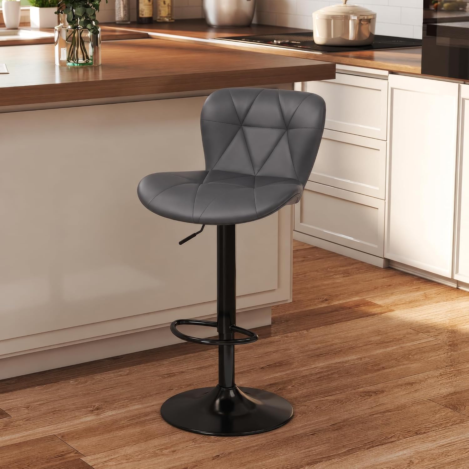 Detalle de Flysky FS-6041BBK Height-Adjustable Swivel Bar Stool, Black Faux Leather