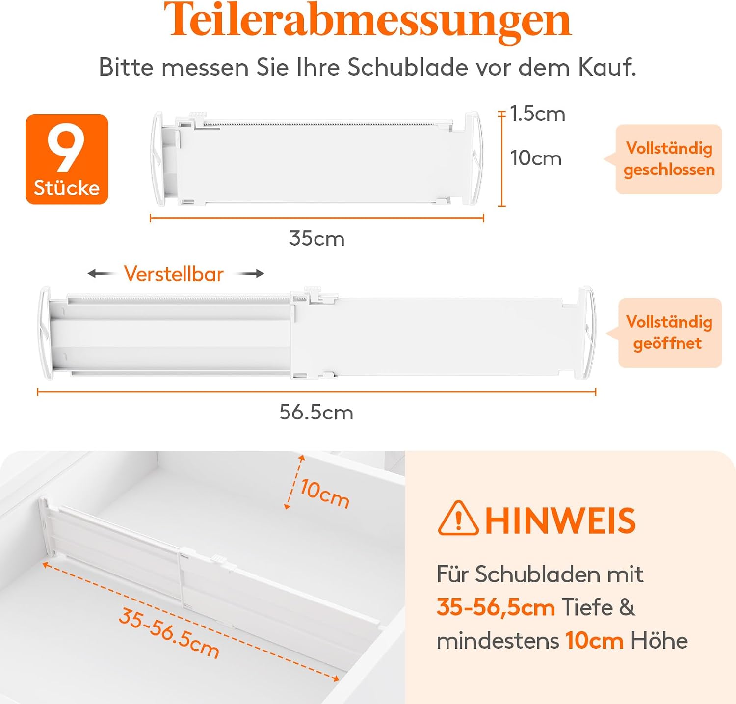 Detalle de Lifewit 9er Set verstellbare Schubladentrenner für Innenlänge 35–55 cm (Schubladen-Höhe ab 10,5 cm)