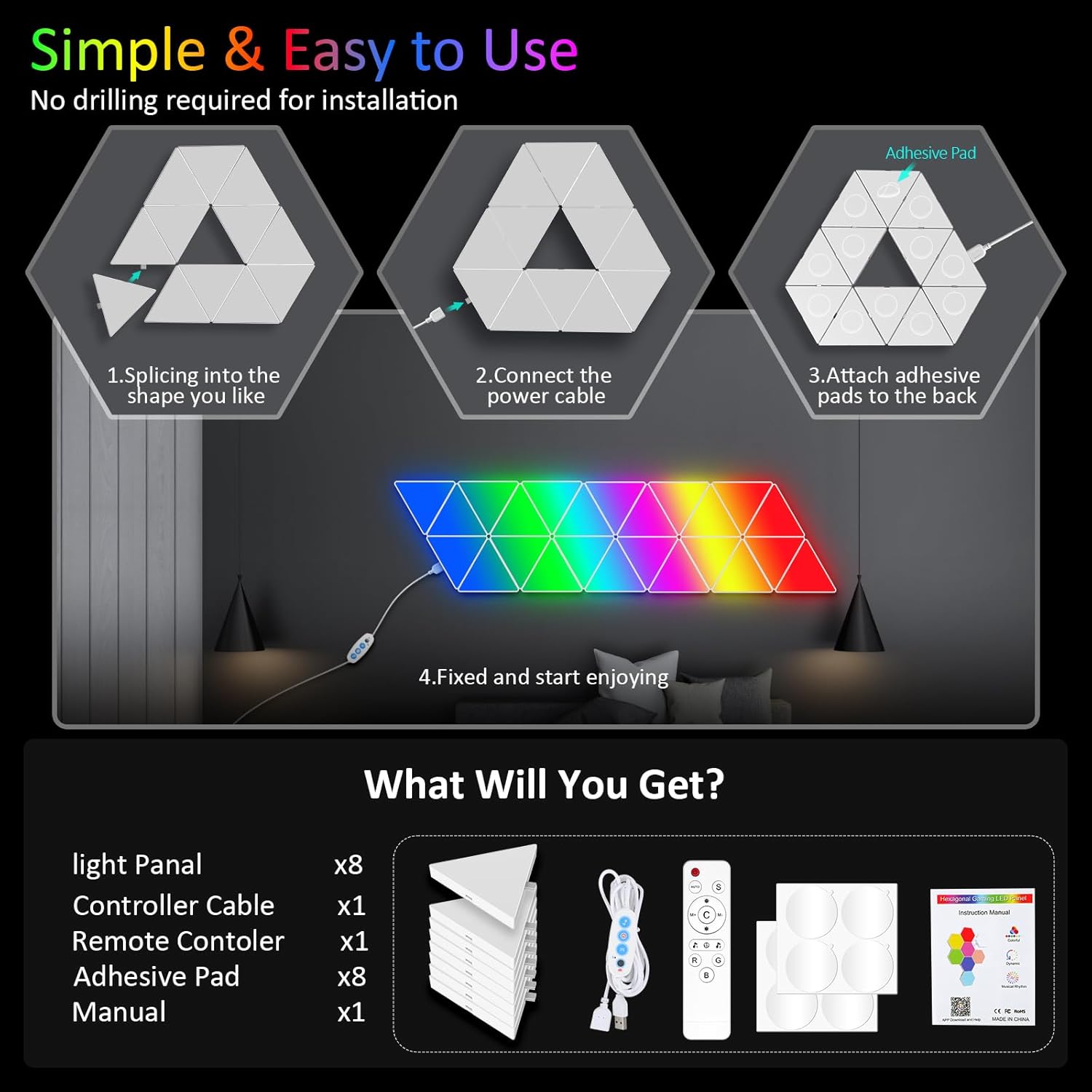 Thumbnail 6 de Lámparas LED RGB triangulares 8 paneles, control remoto y app