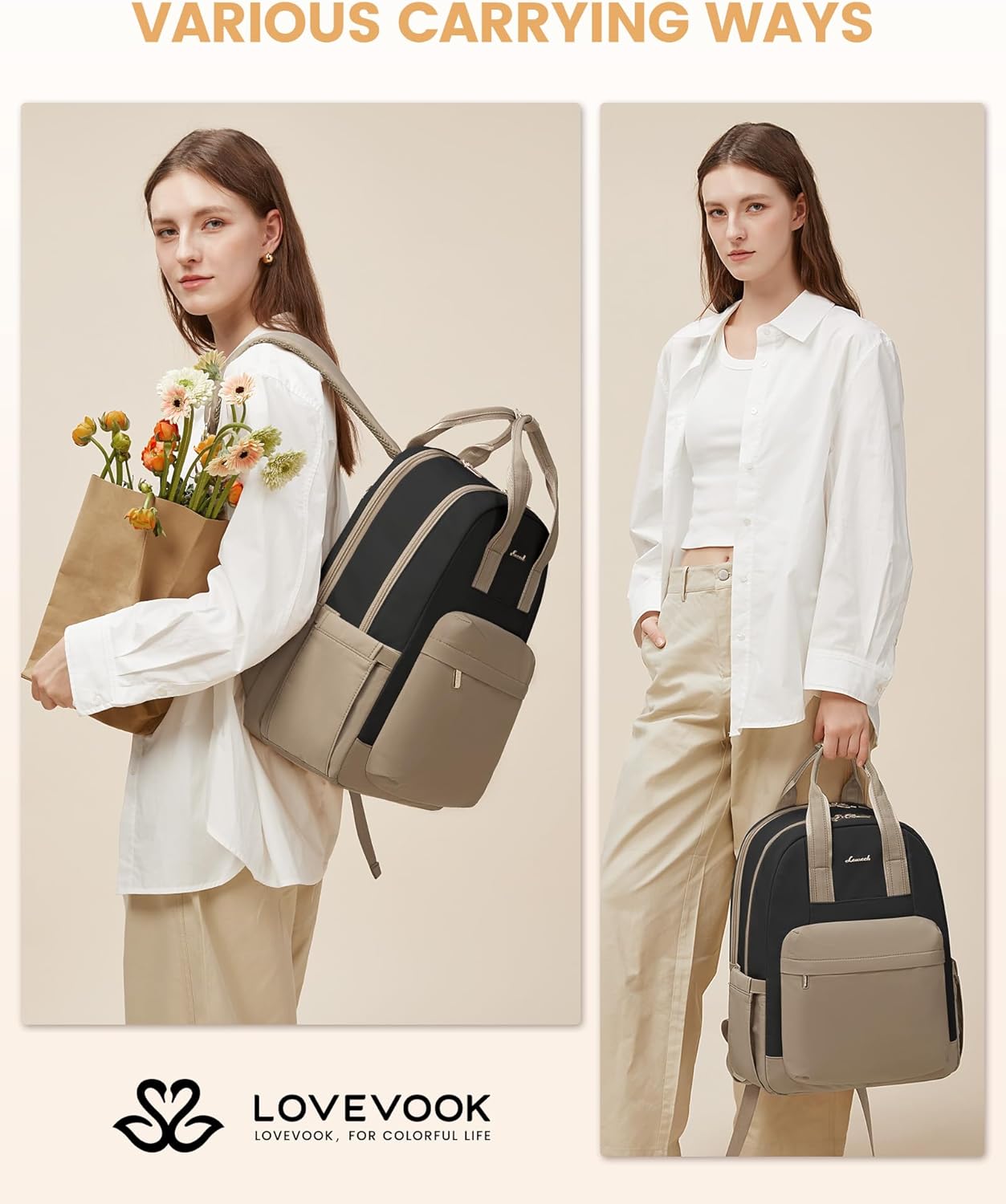 Detalle 2 de LOVEVOOK Damen-Rucksack Groß mit 17,3-Zoll-Laptopfach – wasserdichter Daypack für Schule, Büro und Reise