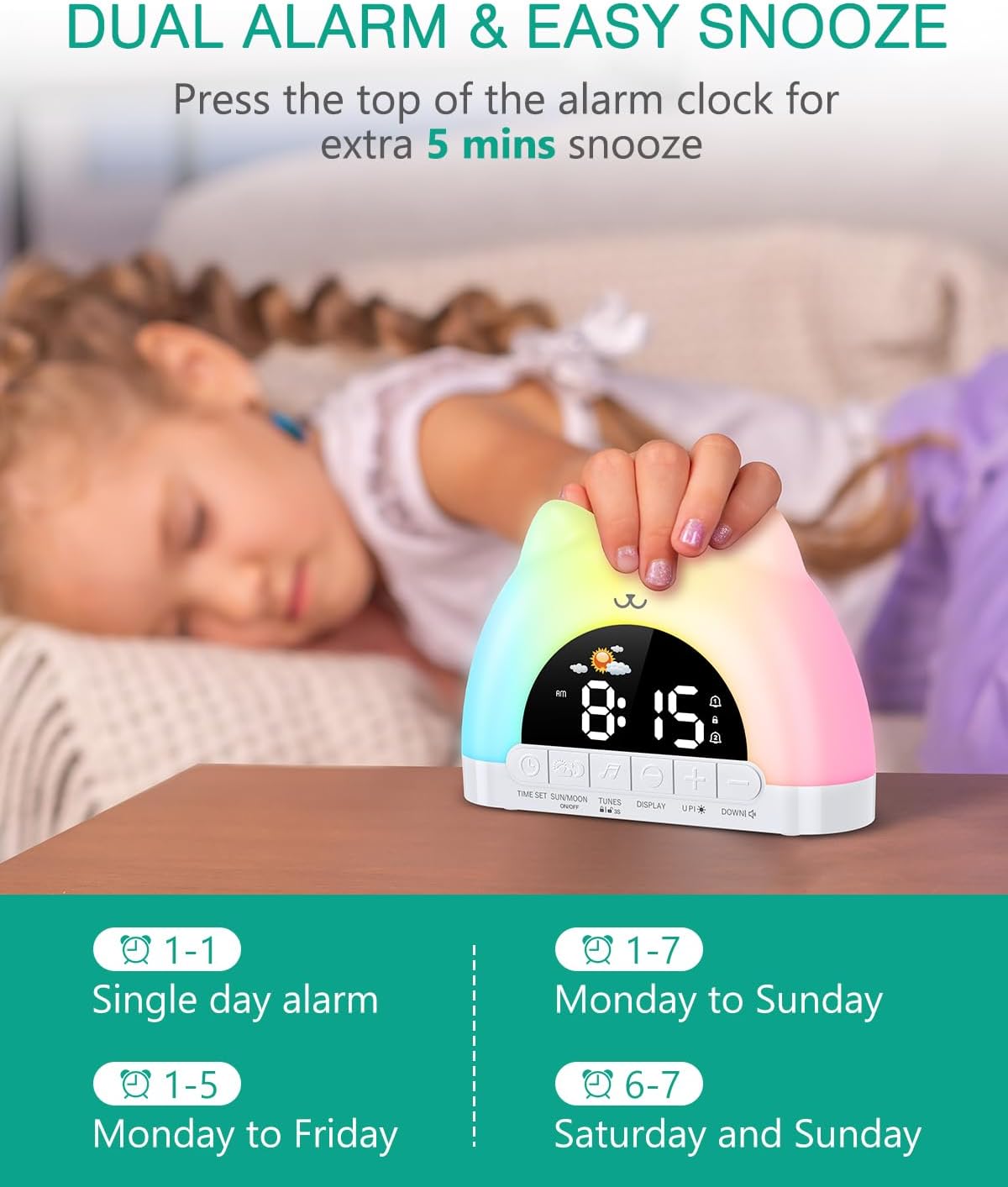 Thumbnail 5 de Réveil enfant éducatif ORIA Jour/Nuit avec veilleuse RGB, 2 alarmes et fonction de “lever du jour”